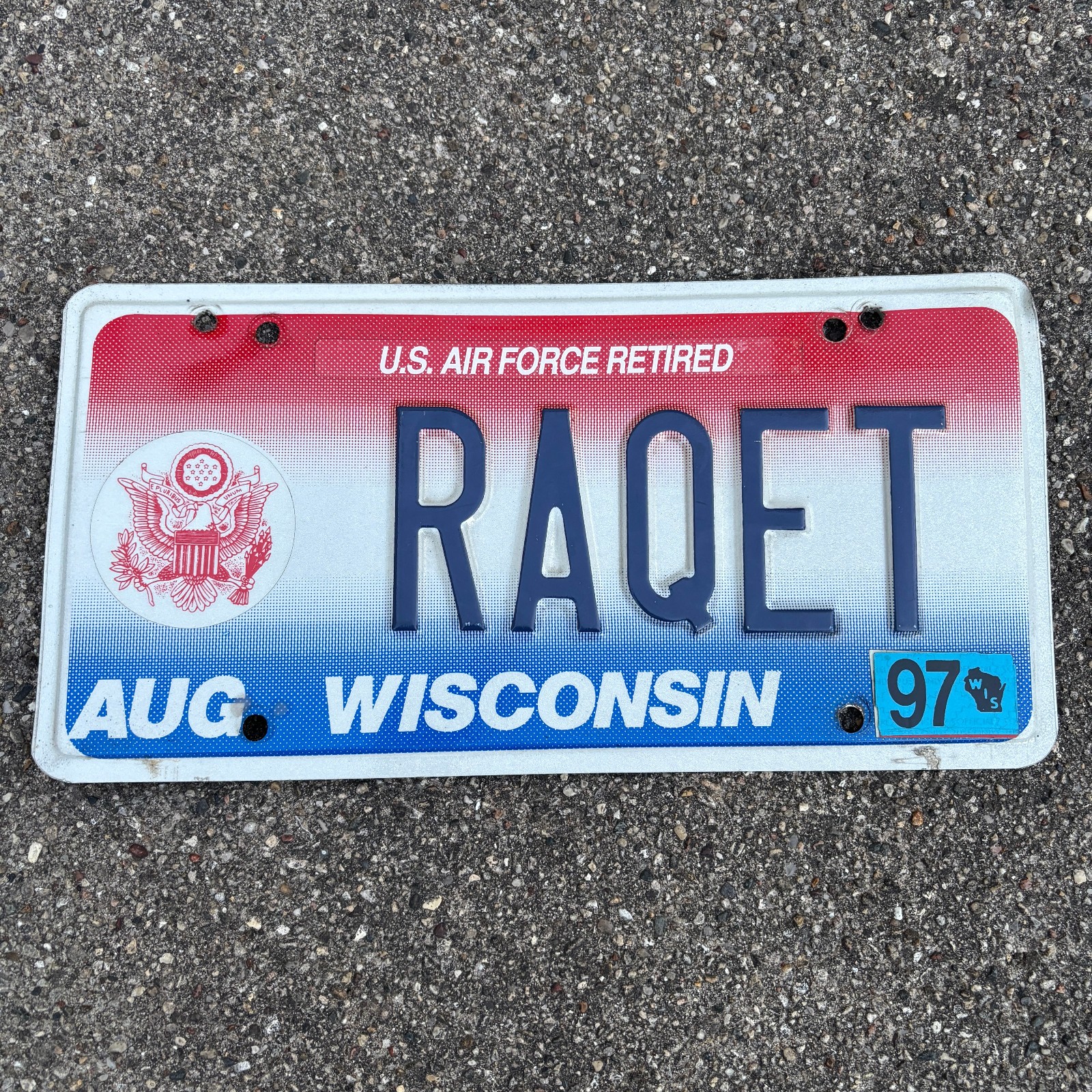 Wisconsin Expired 1997 US Air Force Retired Vanity Plate #RAQET Tennis Theme EUC