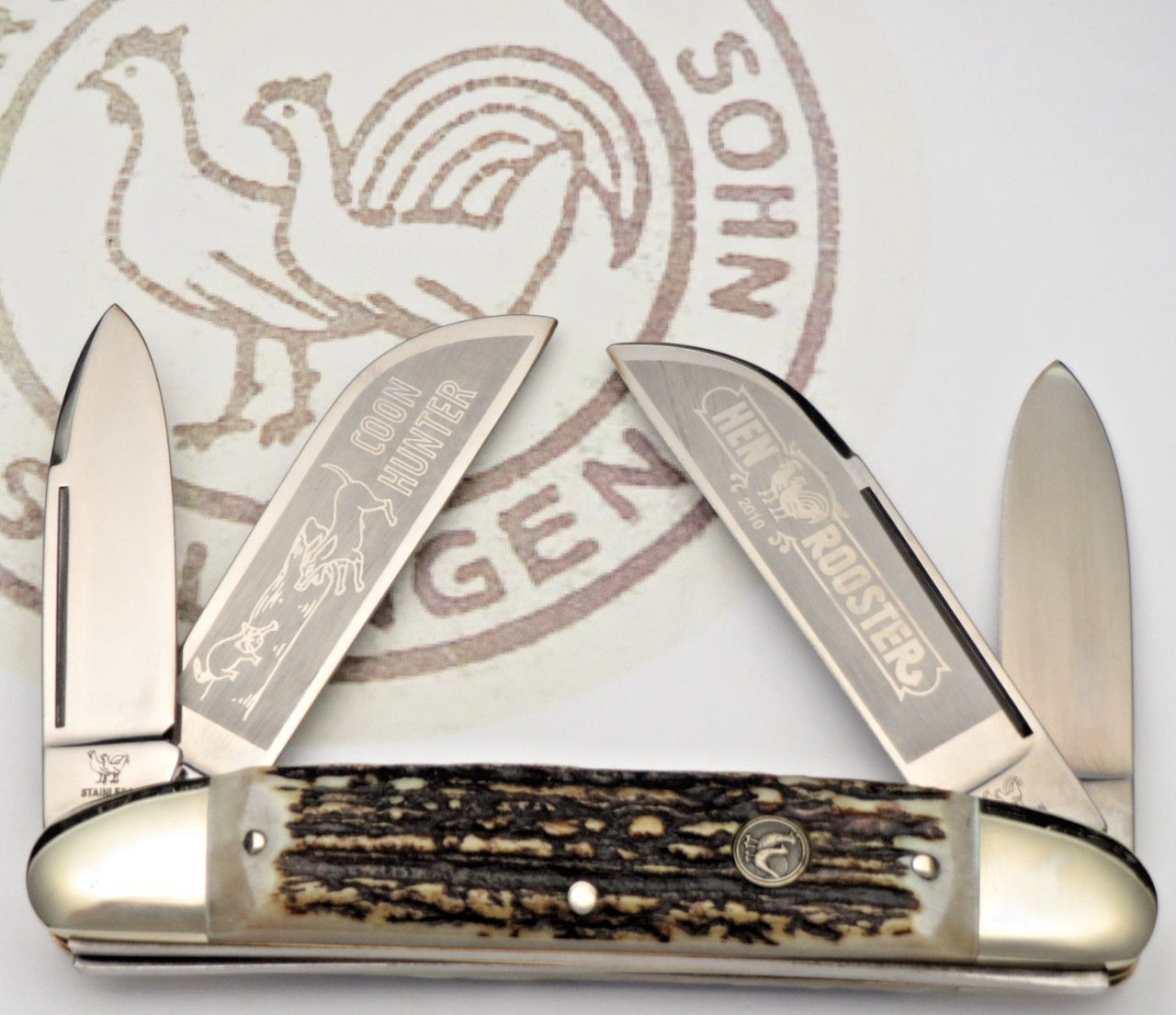Vintage 2010 HEN & ROOSTER BERTRAM GERMANY 224 DS Congress Knife Stag - MINT