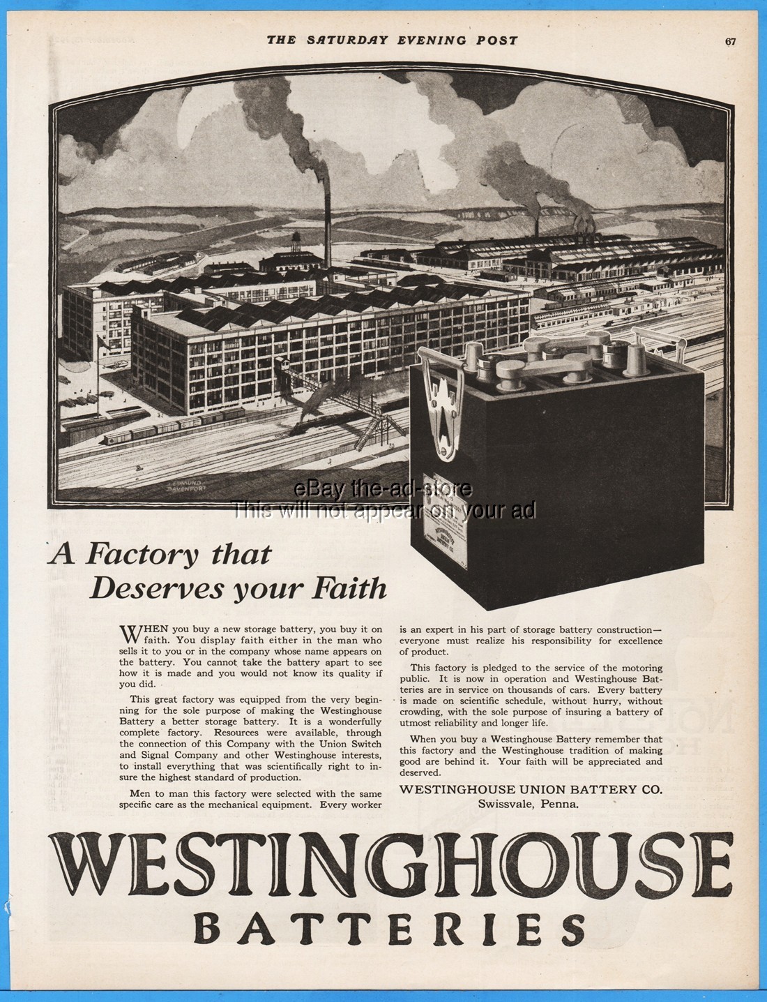 1920 Westinghouse Union Battery Swissvale PA Factory Edmund Davenport Art Ad
