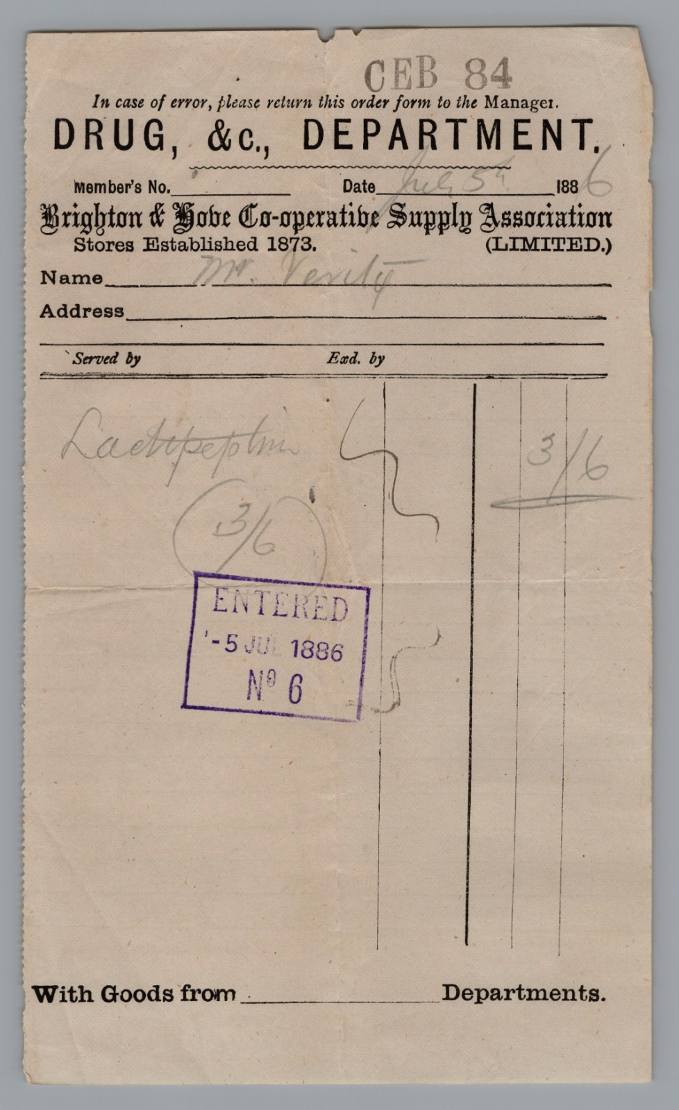 1886 Billhead DRUG  C. Department Brighton & Hove Co-operative Supply UK