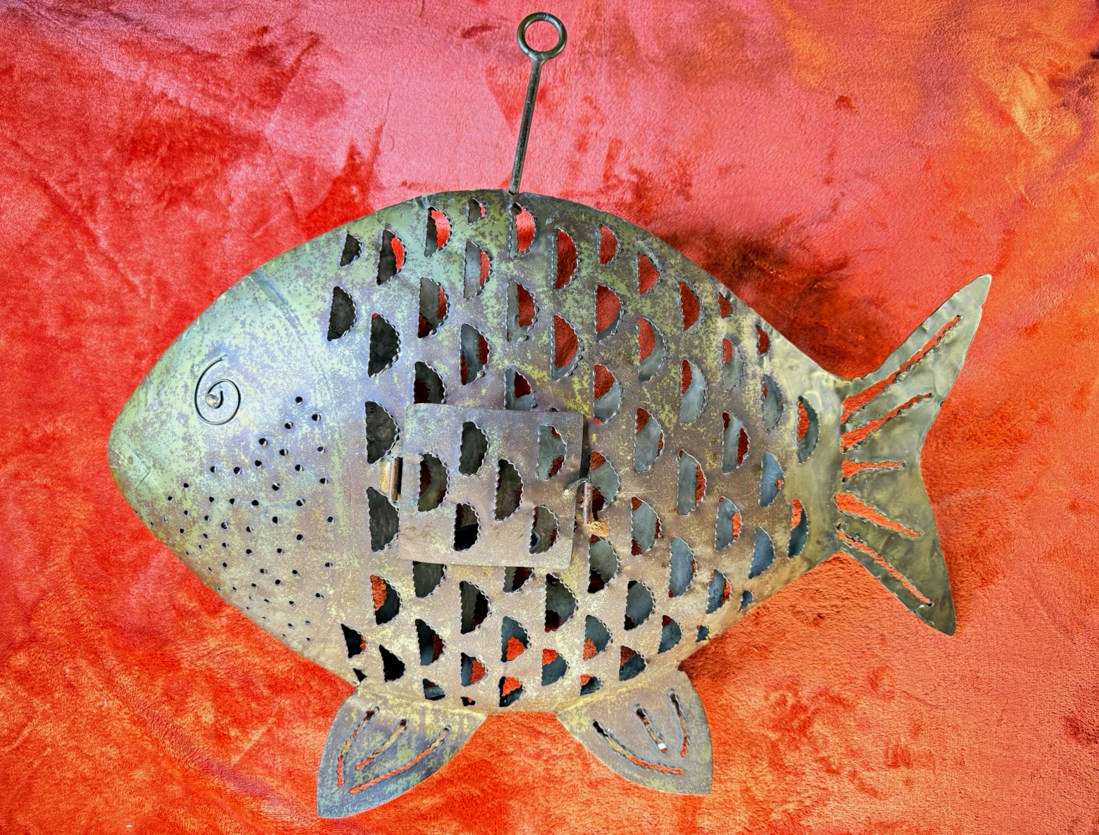 Vintage Handcrafted Indonesian Metal Fish Hanging Candle Lanterns Pair Large 24