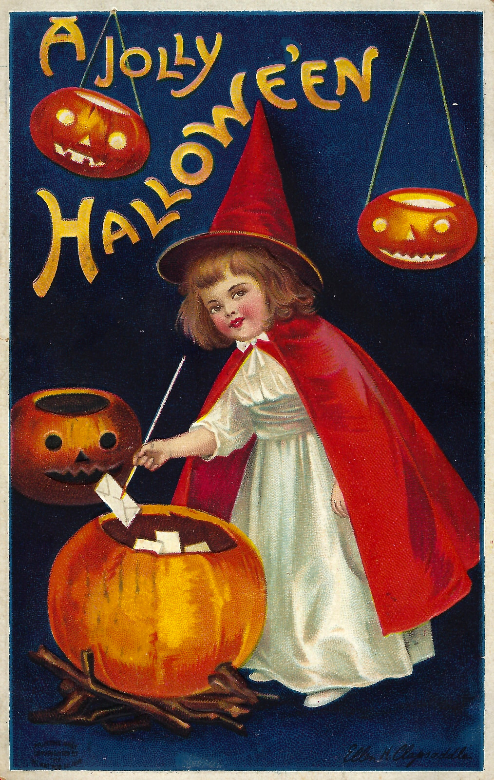Halloween Clapsaddle Girl Witch Red Hat Cape 3 JOLs Cauldron A/S Emb PC c1909