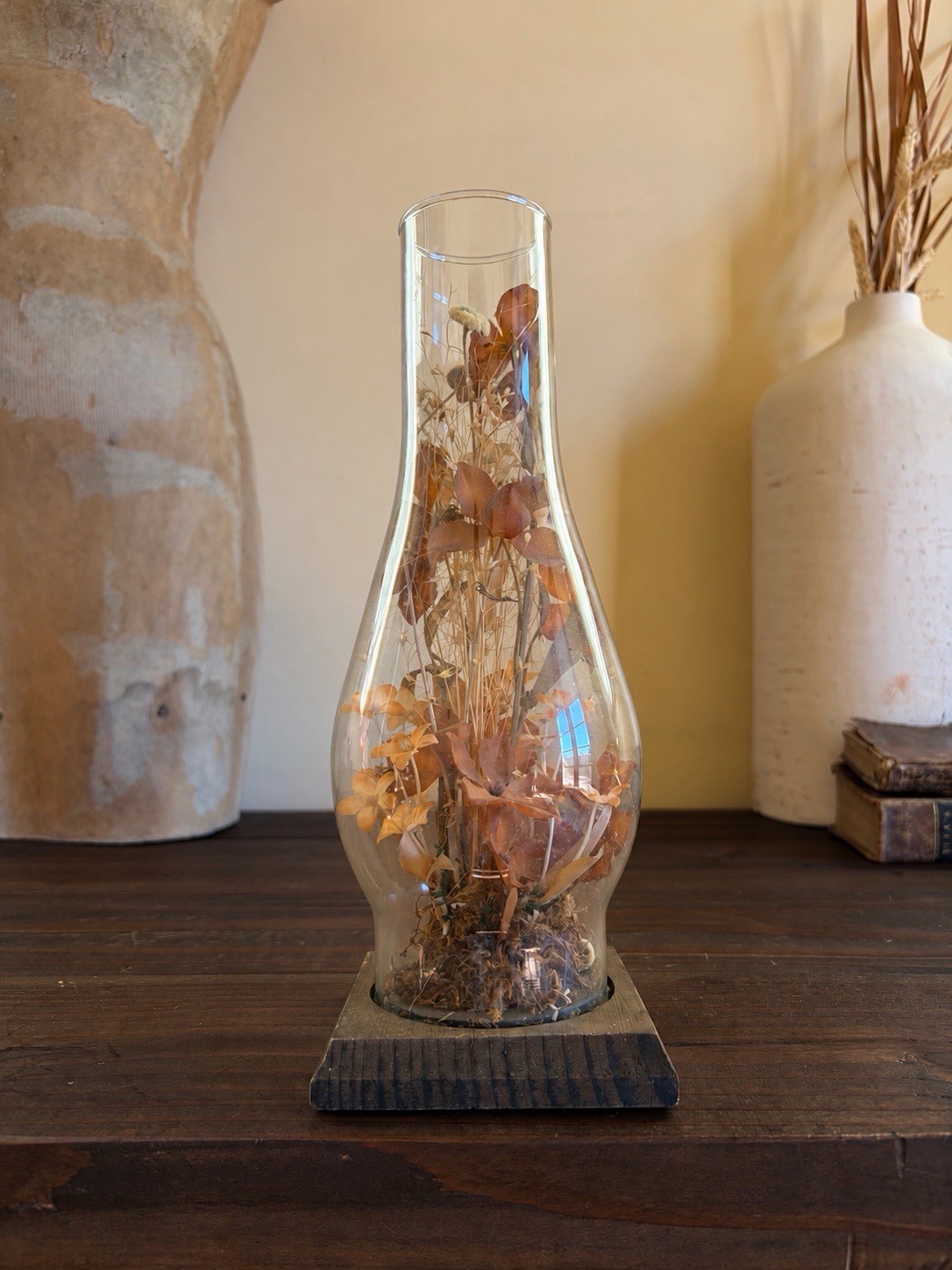70’s Vintage Dried Floral Diorama in Glass Oil Lamp Chimney on Wood Base 11”