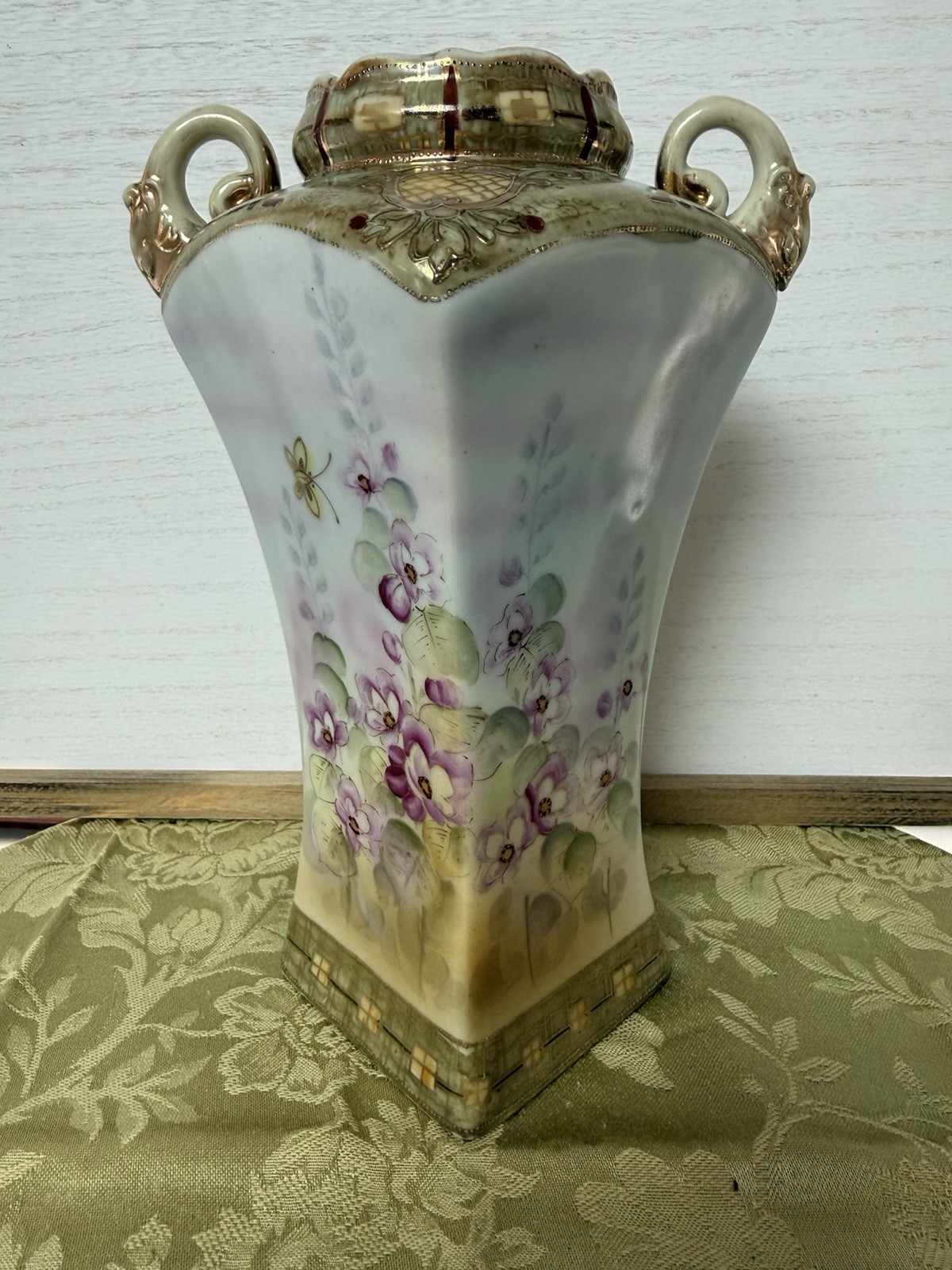 Antique Nippon Square Moriage Vase Hand Painted Butterfly Pansy 9.5\