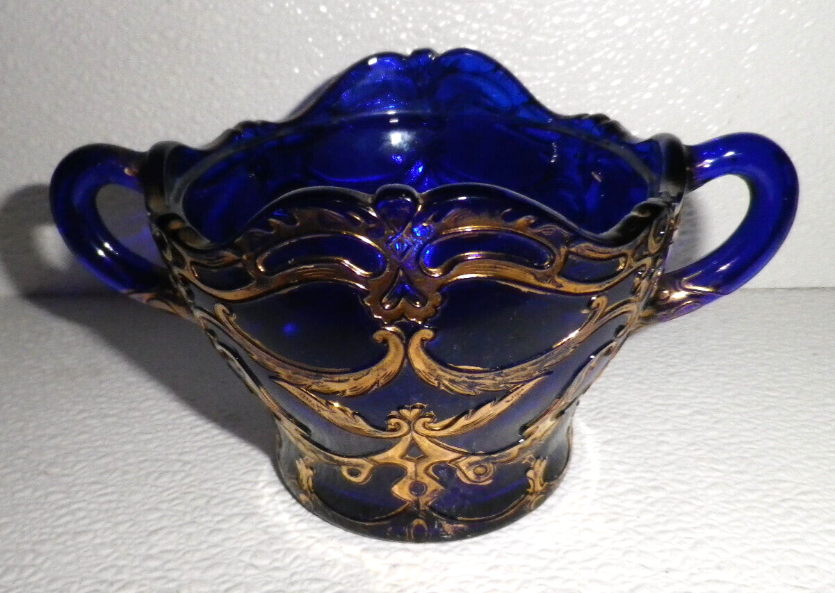 Dugan Sugar Spooner Cobalt Blue Glass Gold Filigree Vtg Antique Dugan Sugar Spooner Cobalt Blue Glass Gold Filigree Vtg Antique