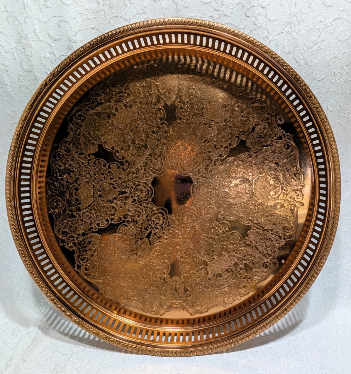Vtg 70s Coppercraft Guild Copper Serving Tray Floral Scroll Pierced Gallery 15\ Vtg 70s Coppercraft Guild Copper Serving Tray Floral Scroll Pierced Gallery 15\
