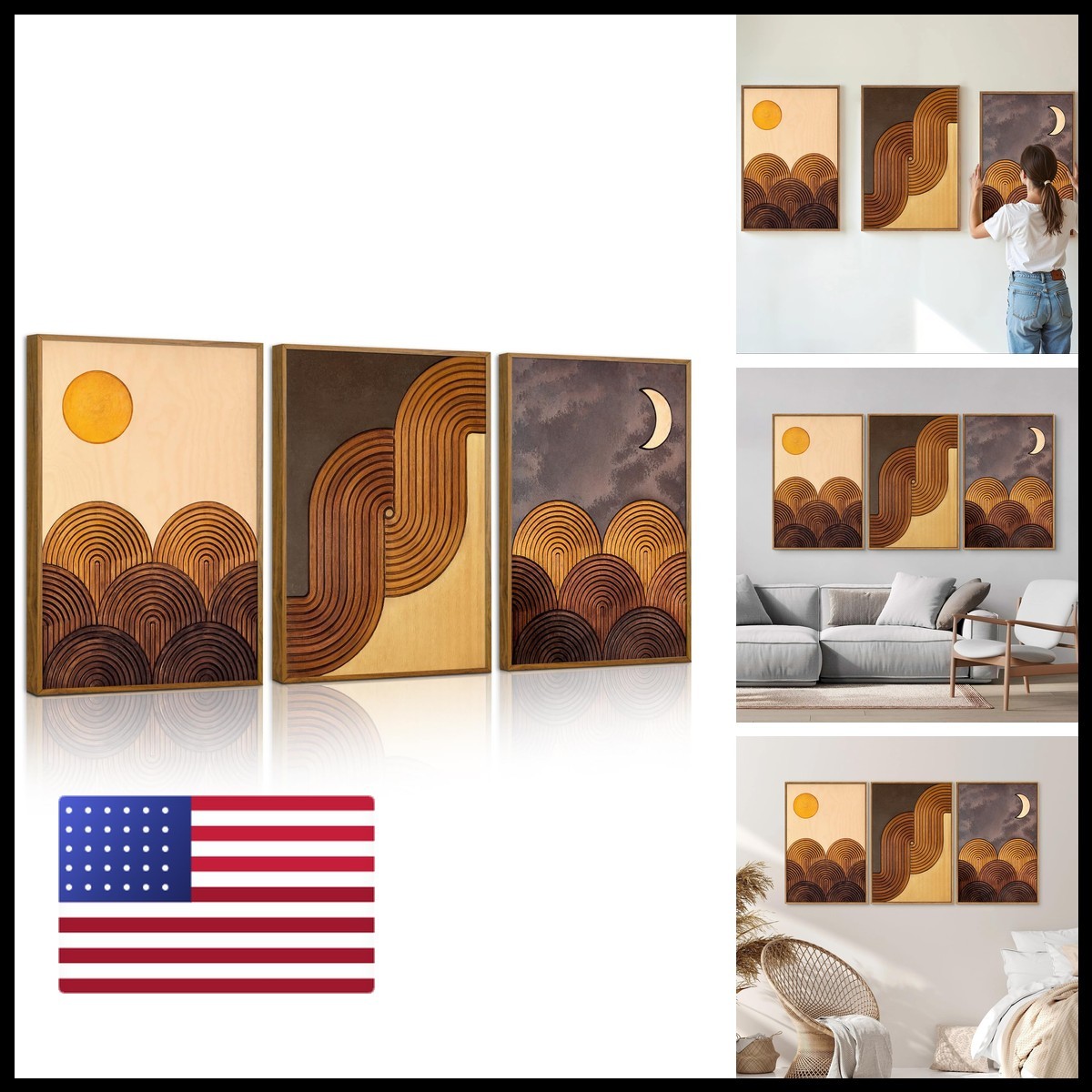 Tinonedraw Mid Century Modern Framed Canvas Wall Art Set Beige Brown 16x24x3