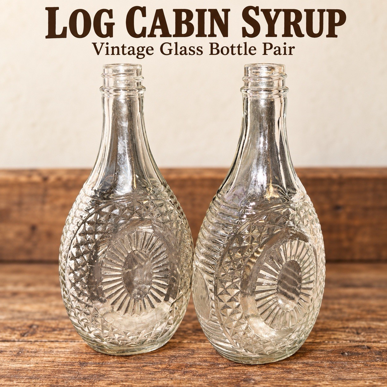 Vintage Log Cabin Syrup Bottles Pair Clear Glass Sunburst Diamond Pattern 