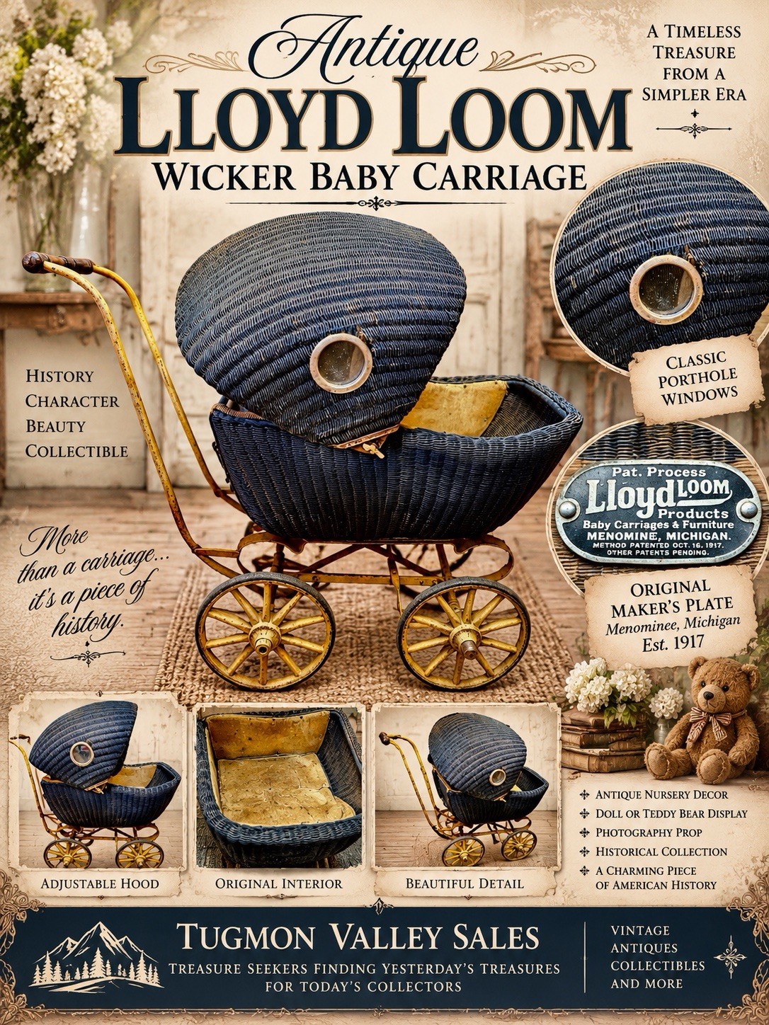 Antique 1917 Patent Lloyd Loom Wicker Baby Carriage Pram Buggy Menominee MI