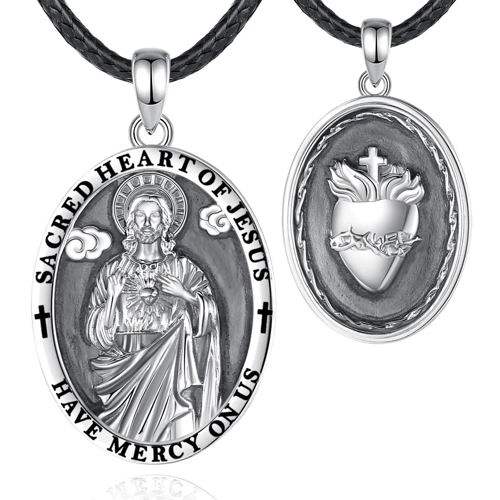 Mens Jesus Sacred Heart Pendant Necklace 24In Rope Christian 925 Silver Jewelry