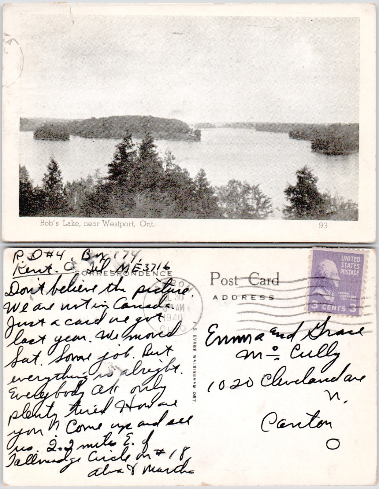 Canada Westport Ontario 1946 Bobs Lake Scenic View Postcard