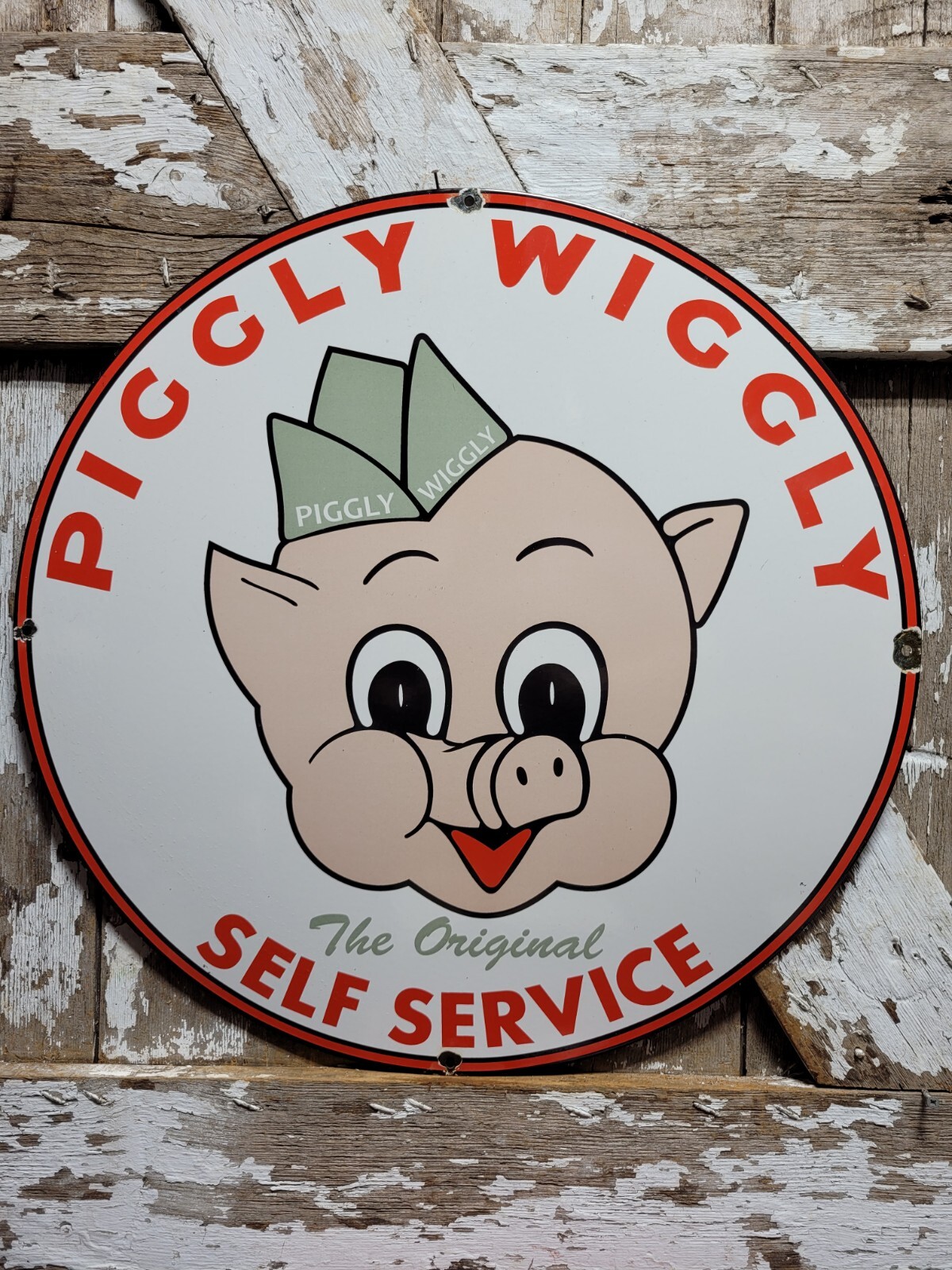 VINTAGE PIGGLY WIGGLY PORCELAIN SIGN OLD GROCERY STORE FOOD SUPER MARKET PIG 