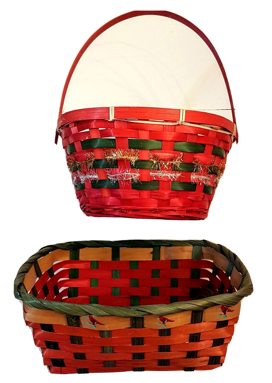 Christmas Wicker Basket LOT Green & Red Cardinal Woven Reed Natural Fiber Christmas Wicker Basket LOT Green & Red Cardinal Woven Reed Natural Fiber