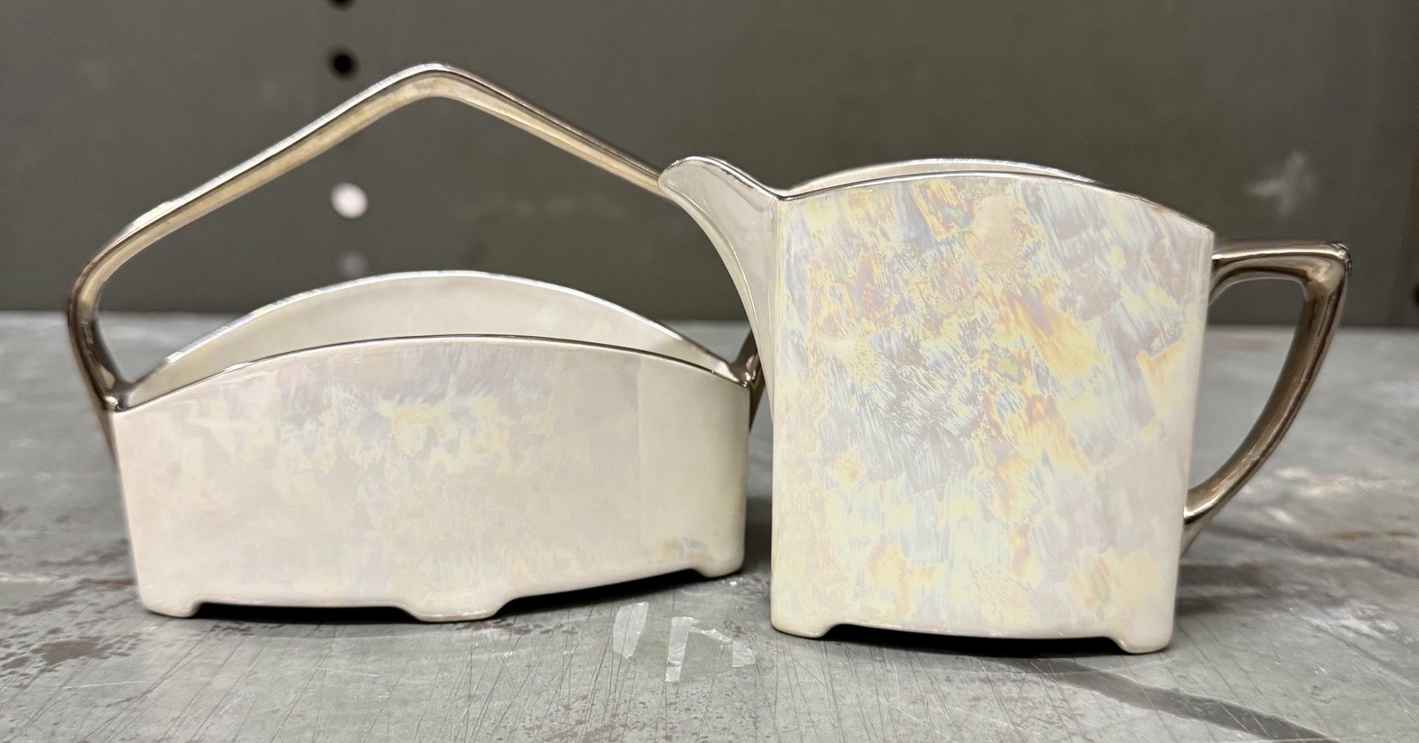 Vintage Iridescent Cream And Sugar Set With Silver Color Handles And Rims