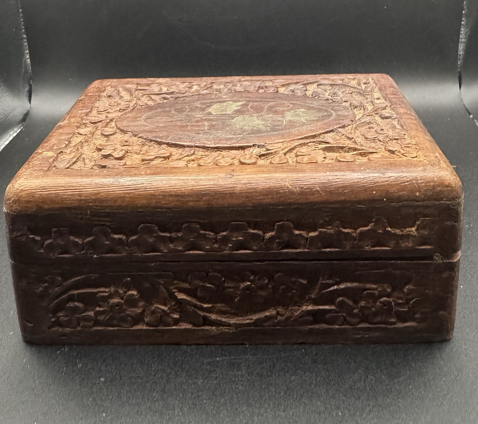 VTG Hand Carved Wooden Box Floral Motif Containing Tarot Cards/Storage/Jewelry