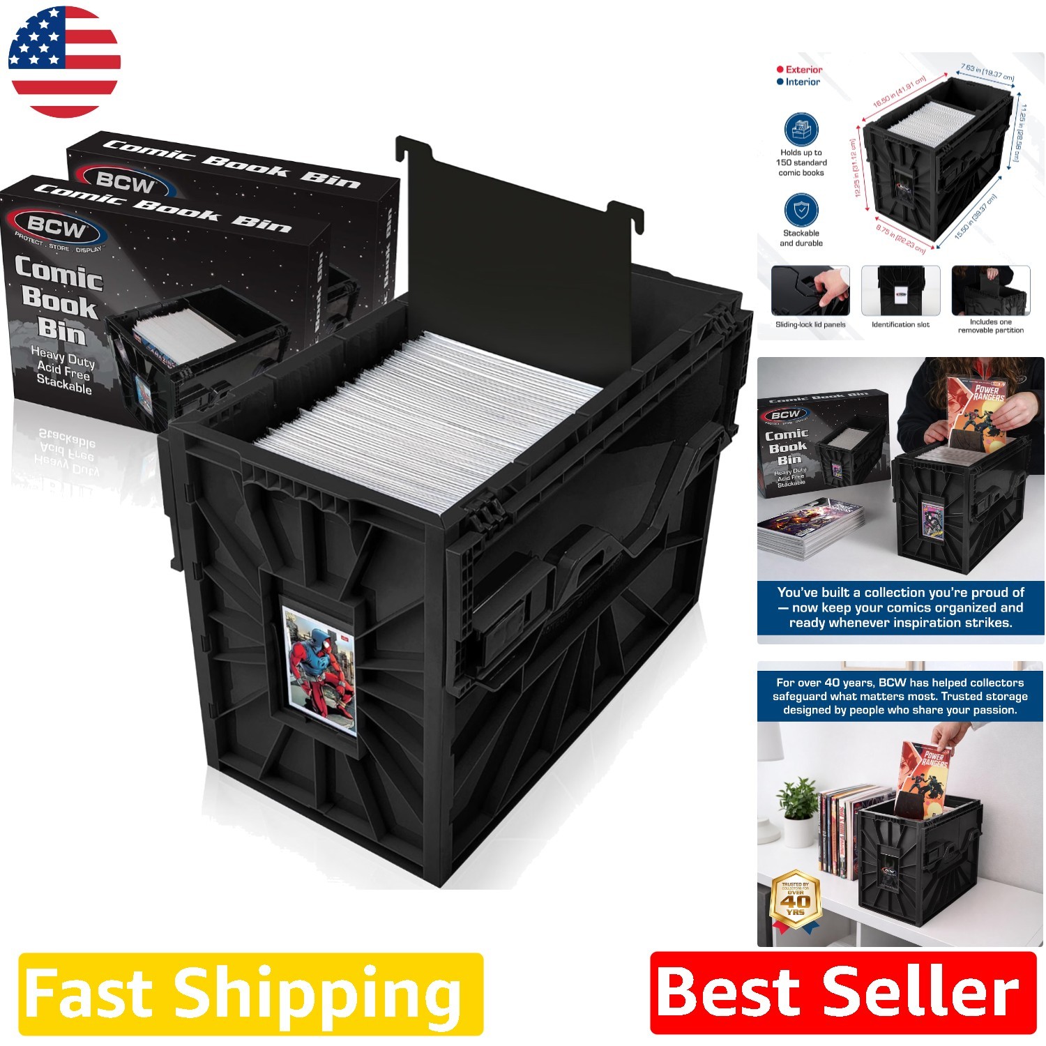 Heavy Duty Comic Storage Bin 2 Pack, Black, 150 Comic Capacity, Stackable, Se...
