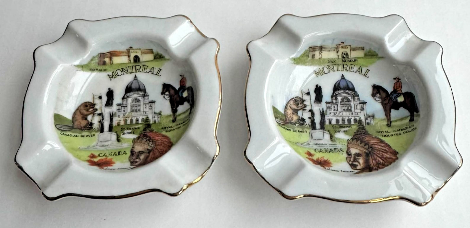 Vintage Montreal Canada Ashtrays Pair Hand Painted ESD Japan Gold Trim 3.25