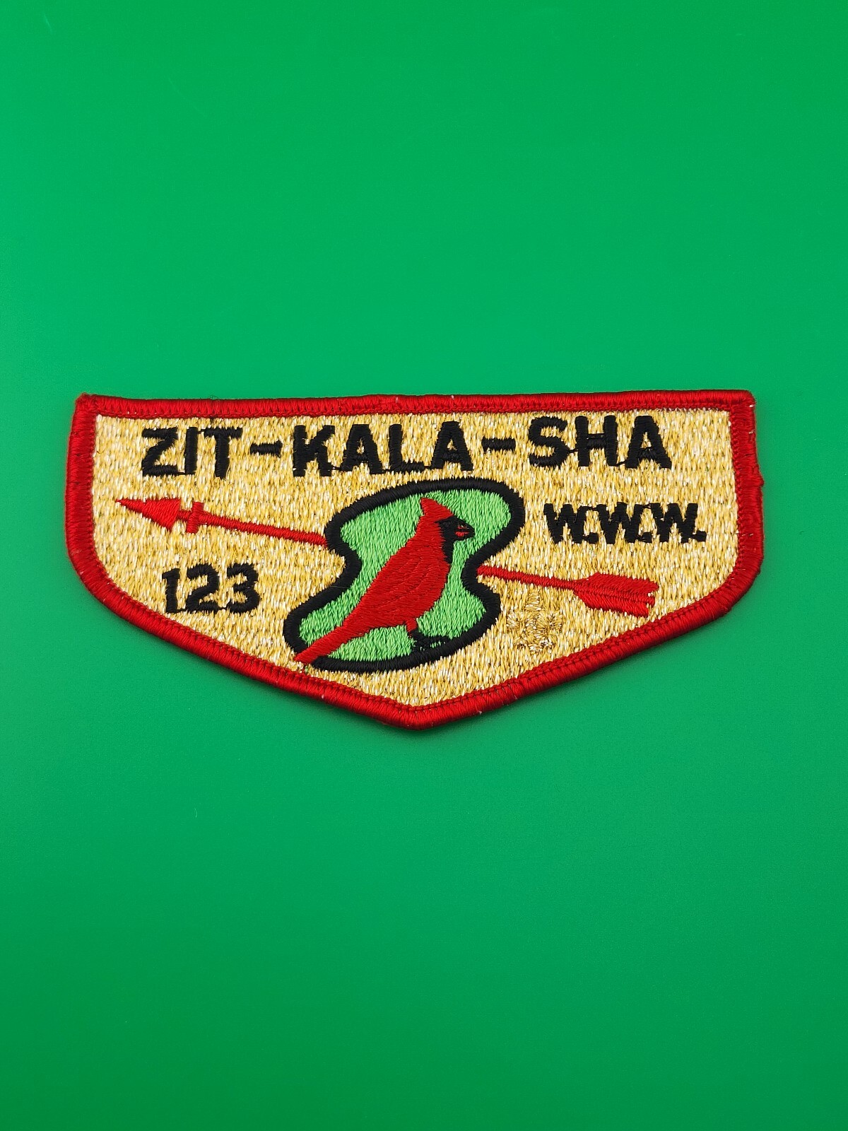 Zit-Kala-Sha Lodge 123 WWW Gold Mylar Pocket Flap Patch OA BSA Scouts America