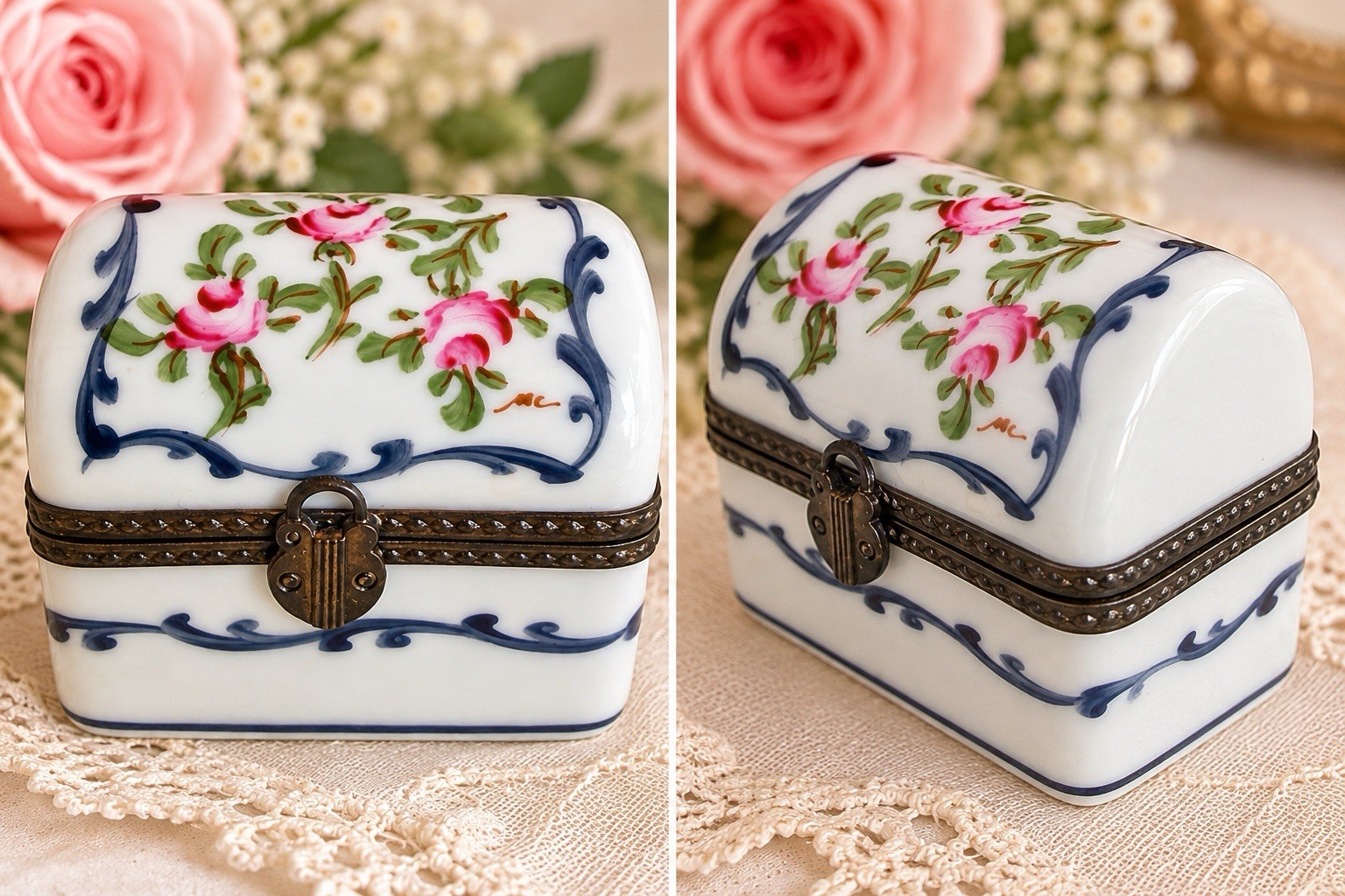 VTG Limoges Francis Hand Painted Pink Roses Chest Box Porcelain Hinged Trinket