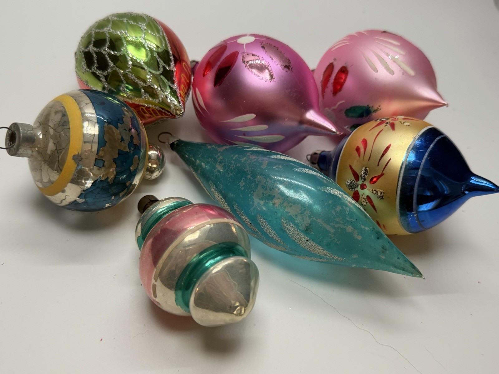 Lot of 7 Vintage Mid Century Glass Christmas Ornaments Polish Indent West German
