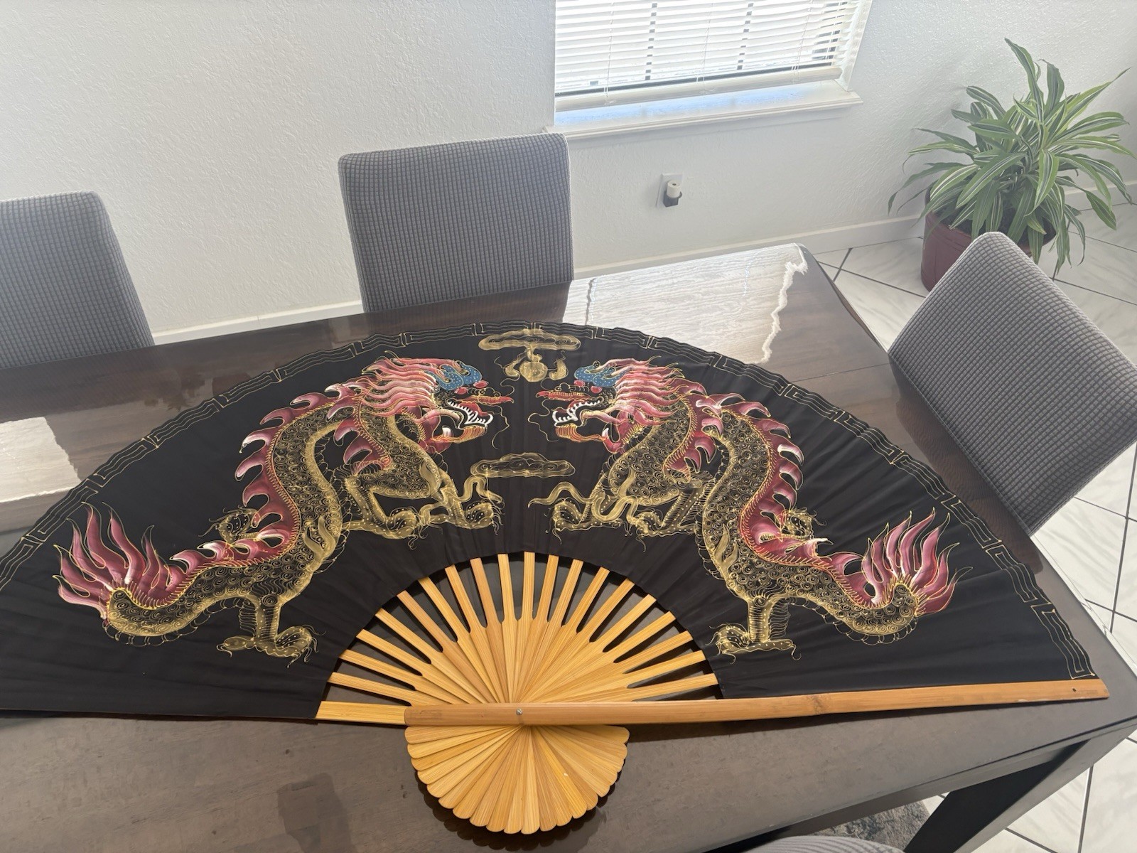 Large Vintage Japanese / ￼Chinese Dragon Decorative Folding Sensu (Wall Fan)