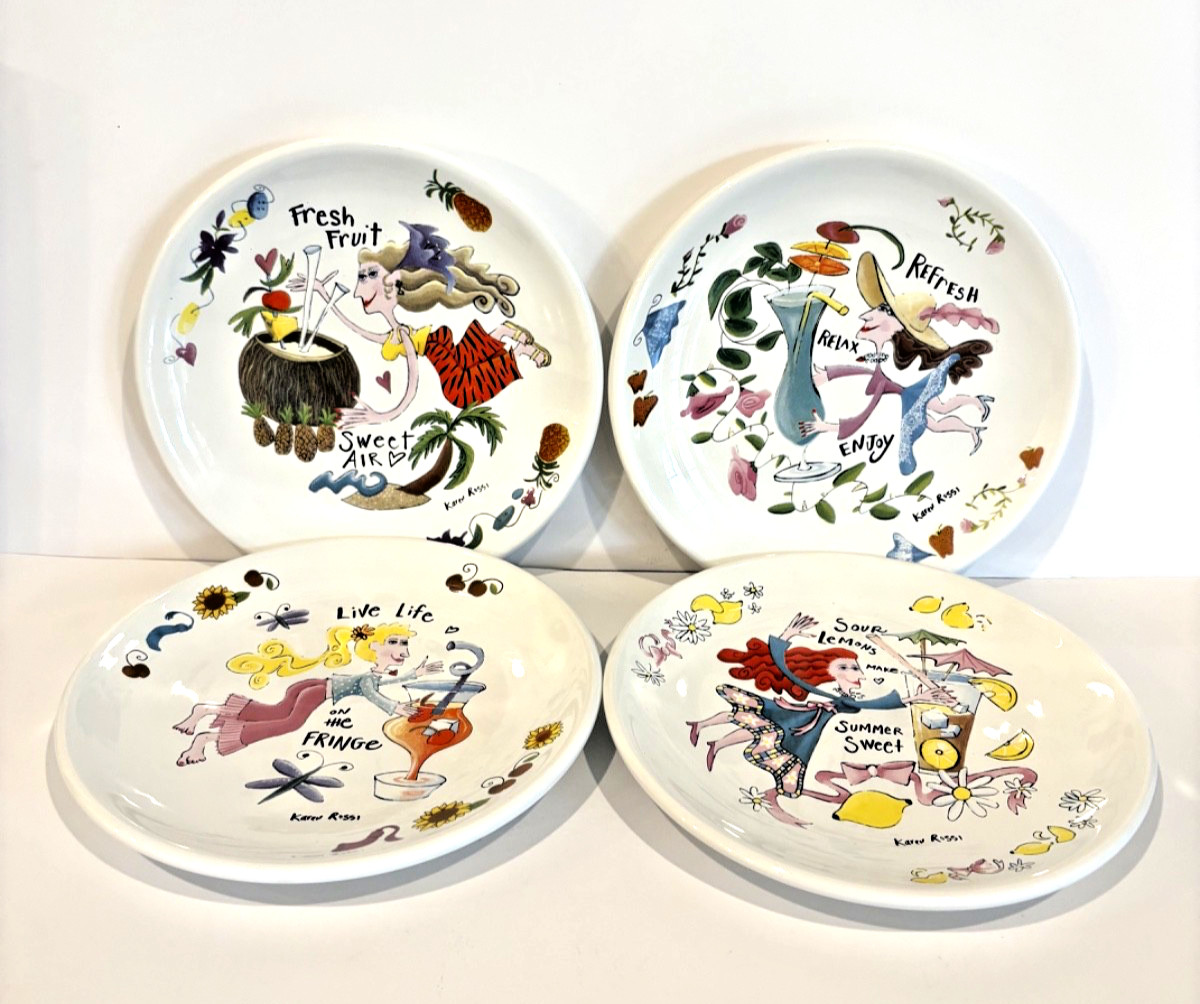 Whimsical Karen Rossi Art with Life Set of 4 Snack Plates Vintage
