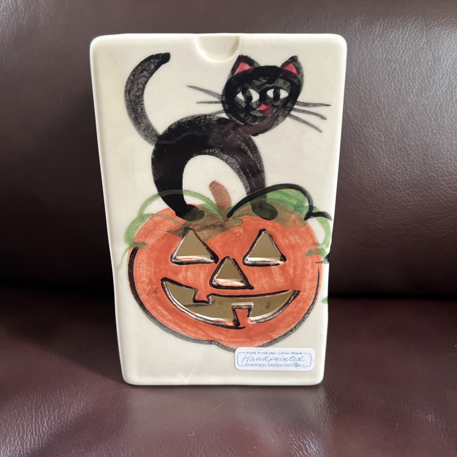 Vintage 1999 EMERSON CREEK POTTERY Halloween Pumpkin Black Cat Candle Votive HTF Vintage 1999 EMERSON CREEK POTTERY Halloween Pumpkin Black Cat Candle Votive HTF