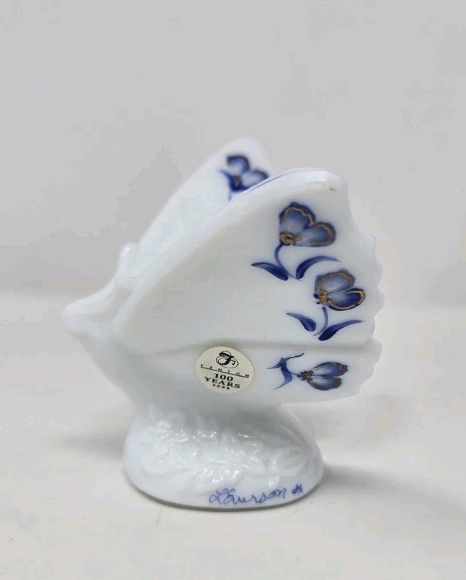 Fenton White Blue Hand Painted Butterfly 100 Year Anniversary Signed L. Everson