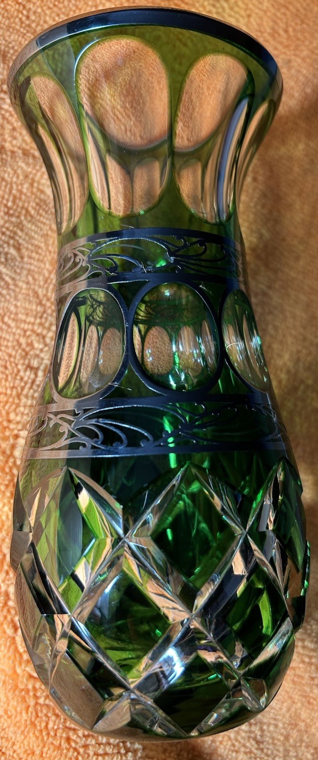 VTG Emerald Green Cut To Clear Bohem?Crystal Vase W/Hand Painted Silver Overlay VTG Emerald Green Cut To Clear Bohem?Crystal Vase W/Hand Painted Silver Overlay