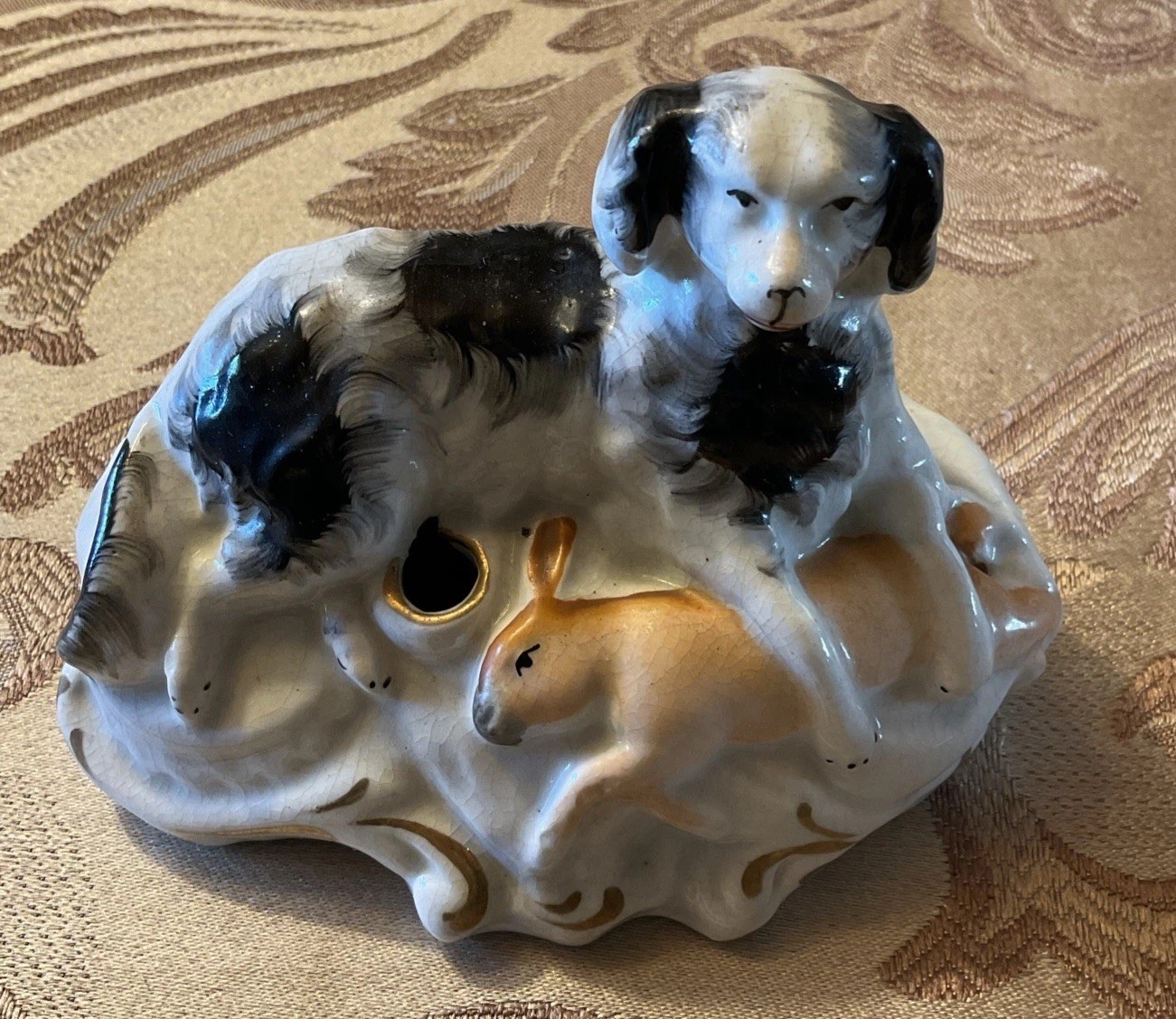 Antique Staffordshire Inkwell Dog With Rabbit C. 1865 4.5x3.75”