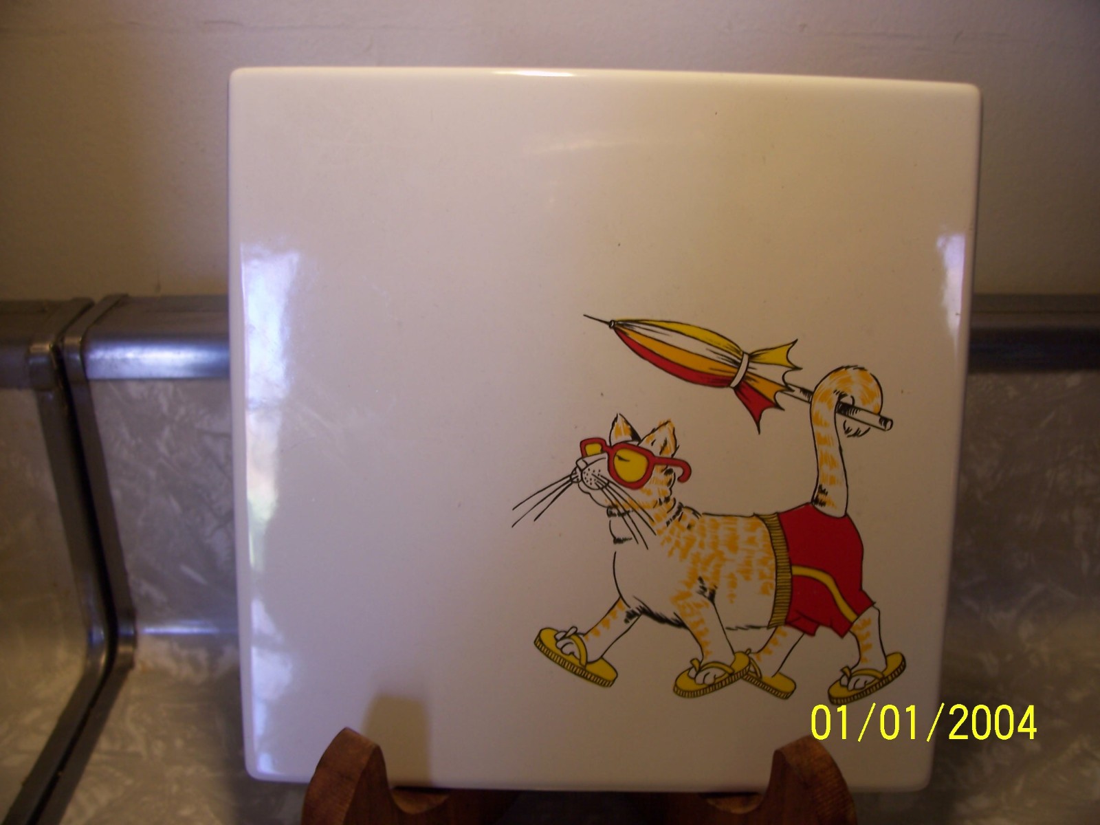 Vintage George Briard Metal Tile With Orange Cat Walking To The Beach