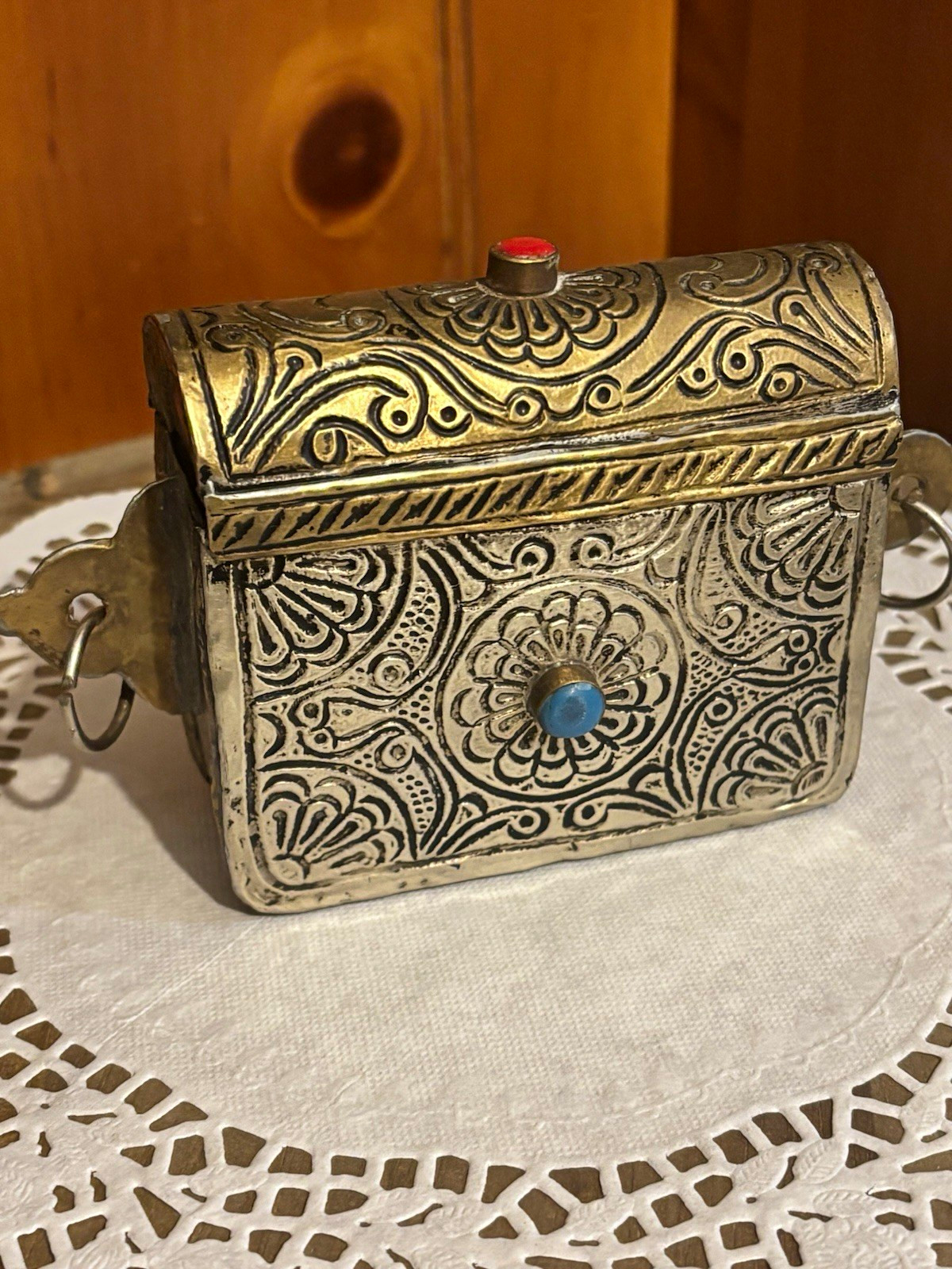 Ornate Embossed Metal Trinket Box, Hinged Lid, Blue & Red Cabochons