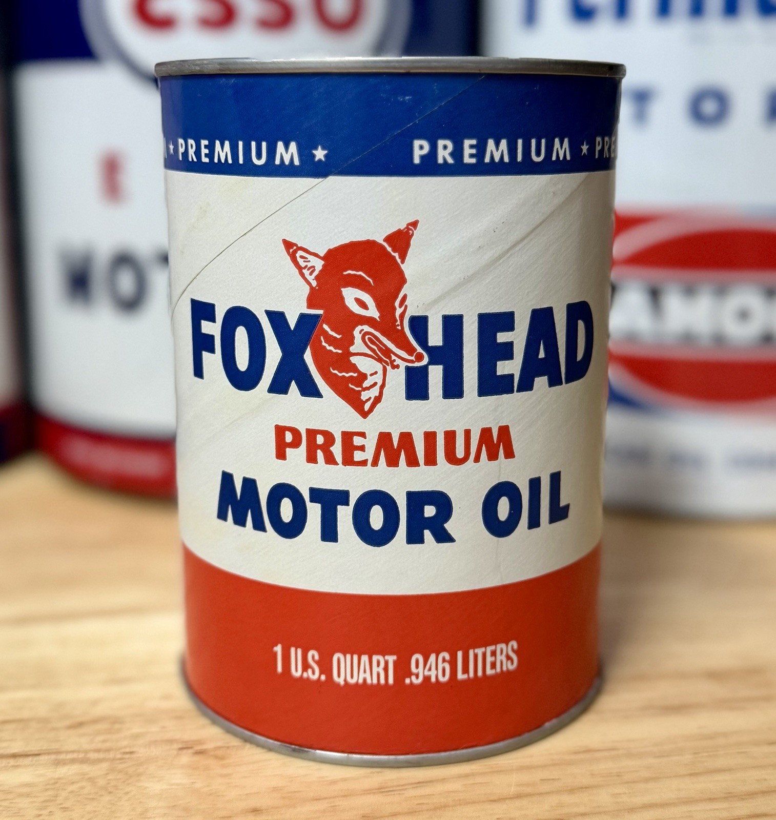Vintage NOS Fox Head Premium Motor Oil Can Quart FULL