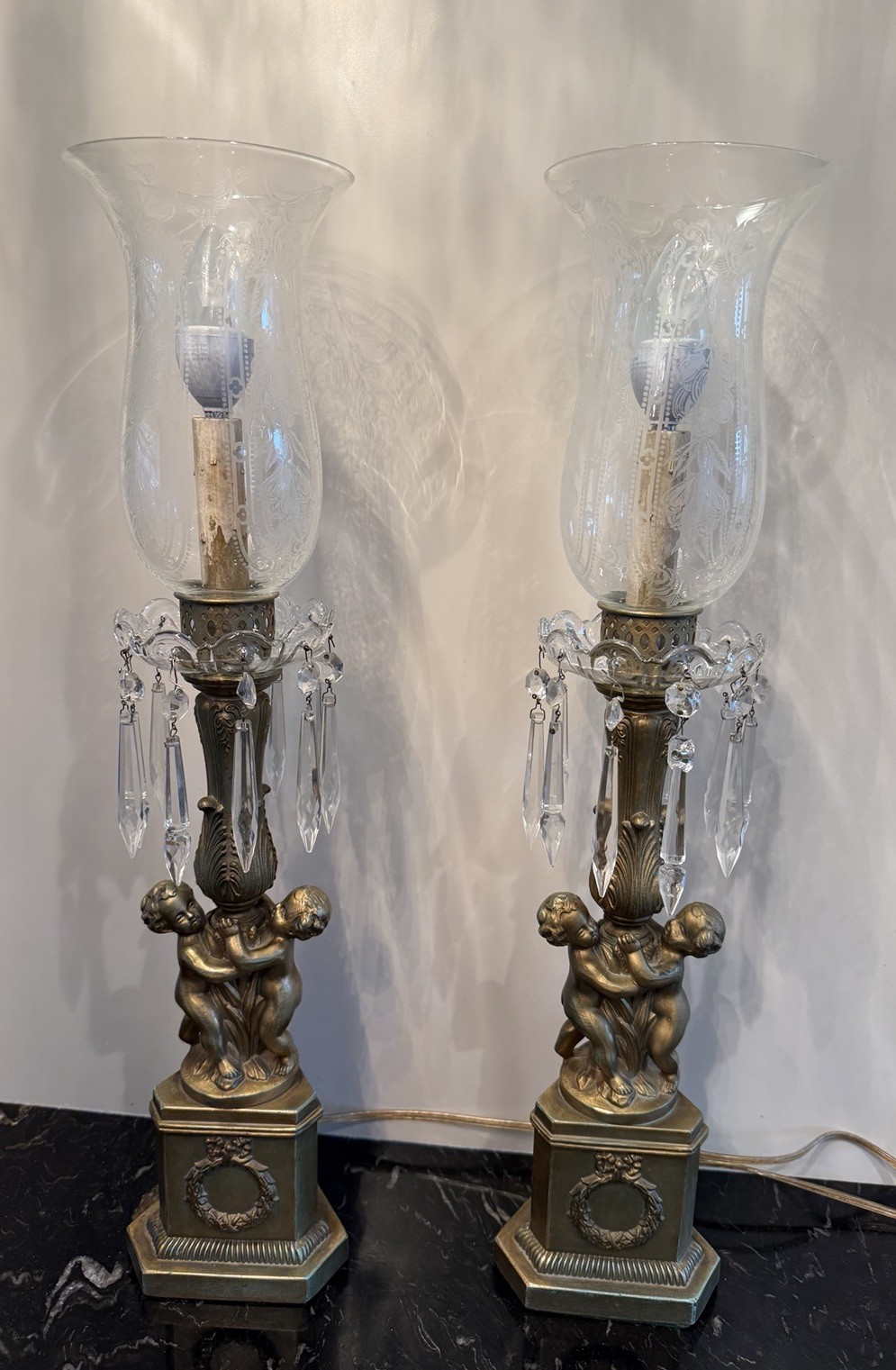 2 Elegant Vintage Victorian Cherub Table Lamps Cast Metal & Crystal 22” Tall