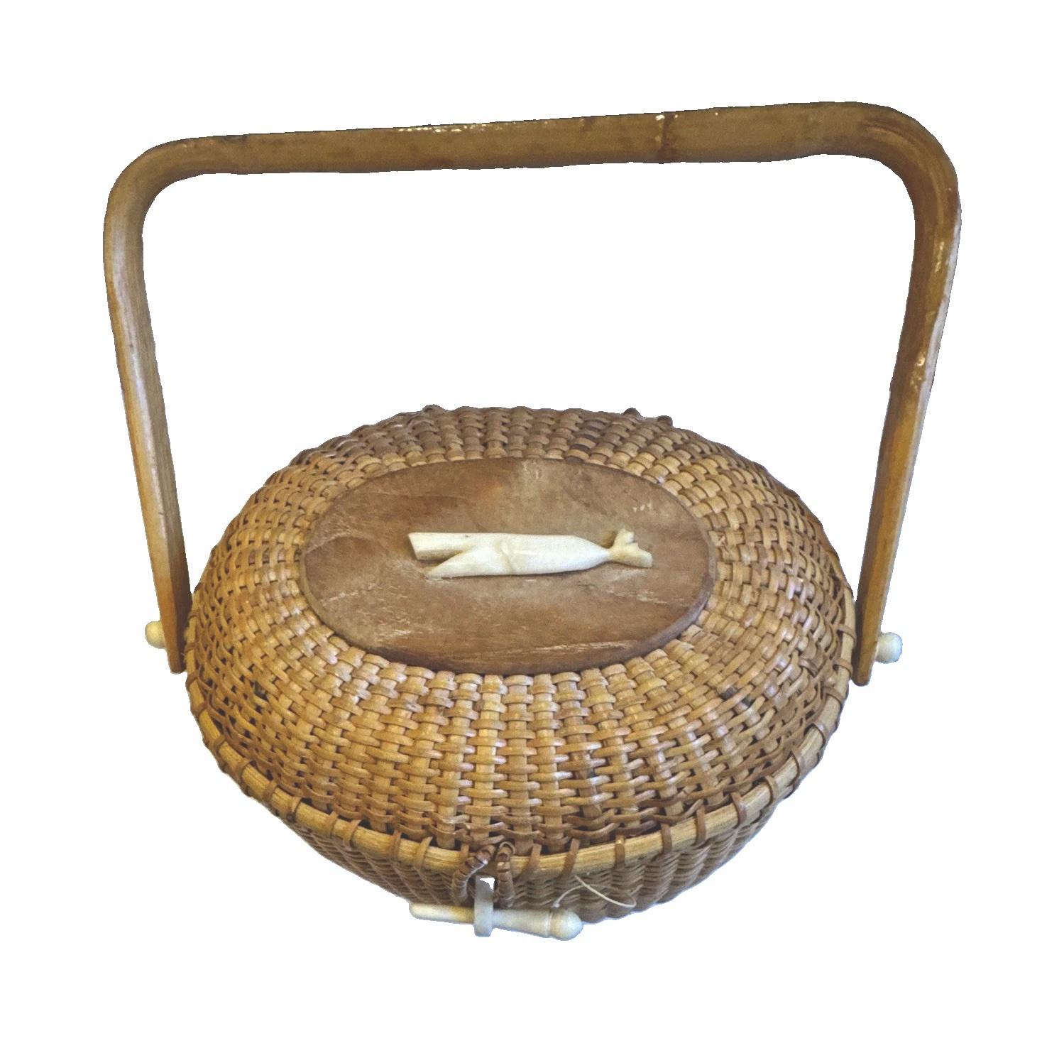 Vintage 1970s Caro Nan Basket Purse Wooden Lid Fabric Lining Whale Ornament