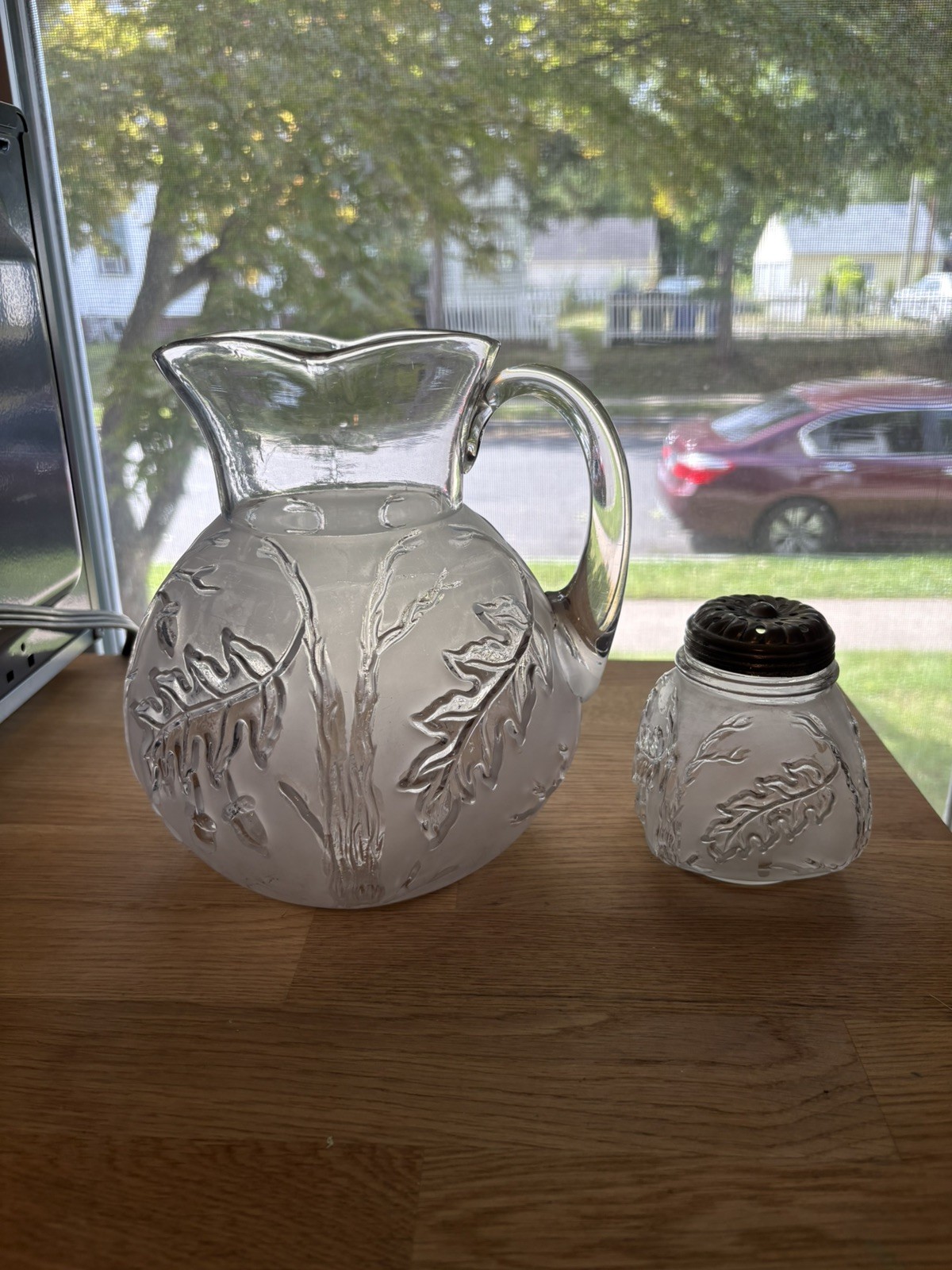 Antique Northwood Royal Oak Frosted Satin Glass Pitcher & Sugar Shaker Set EAPG Antique Northwood Royal Oak Frosted Satin Glass Pitcher & Sugar Shaker Set EAPG
