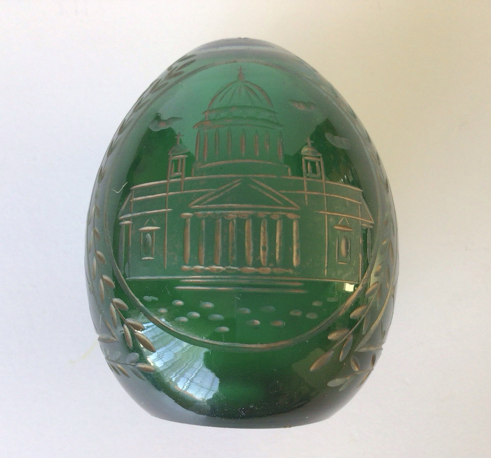 Vintage Emerald Green Fabergé-style egg, likely made of hand-cut  glass