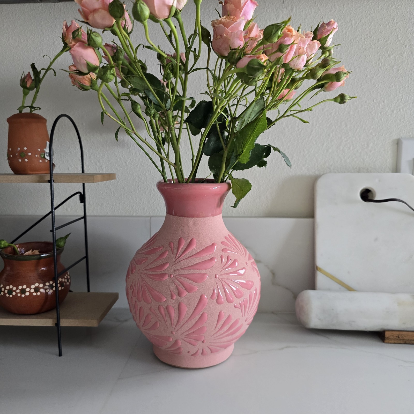 Handcrafted Mexican Barro Vase - Matte Pink with Raised Glossy Floral Relief
