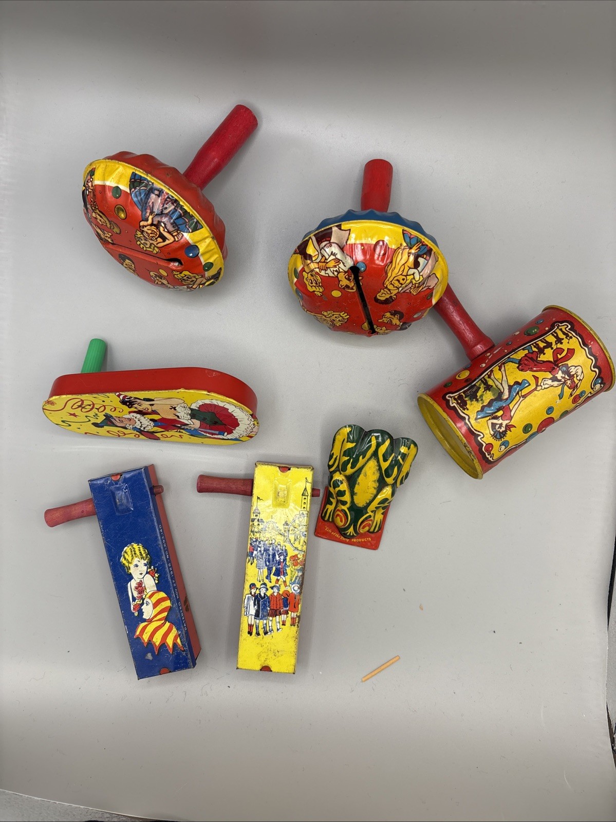 Vintage Lot of 6 Tin Litho Noisemakers Party  New Year’s - 1928-1930’s