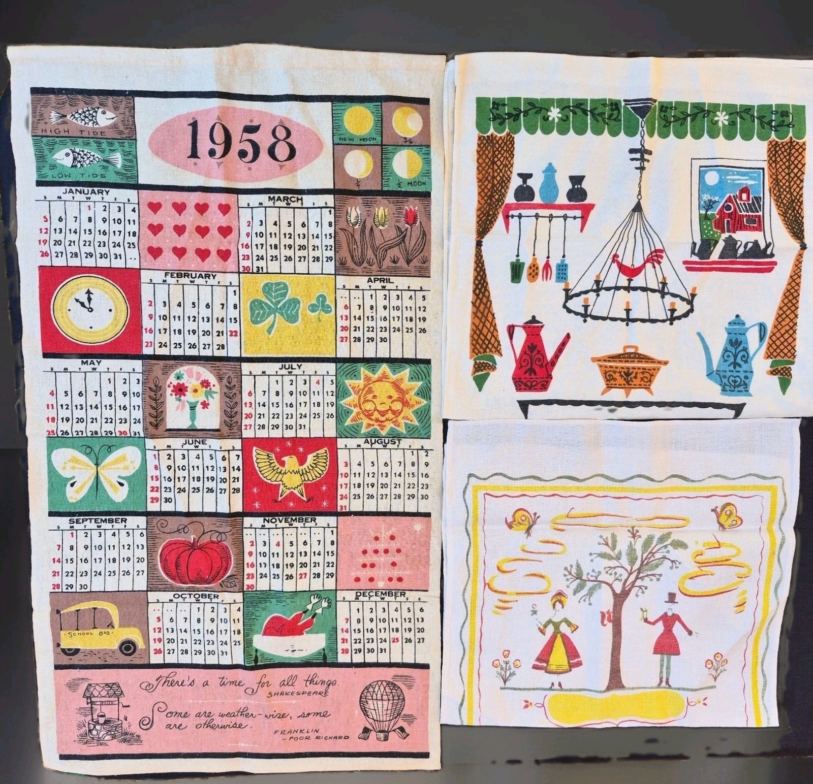 Vtg 1950s 1960s Linen Calendar Towel Lot 1957 1958 1961 Mid Century Kitchen Wall