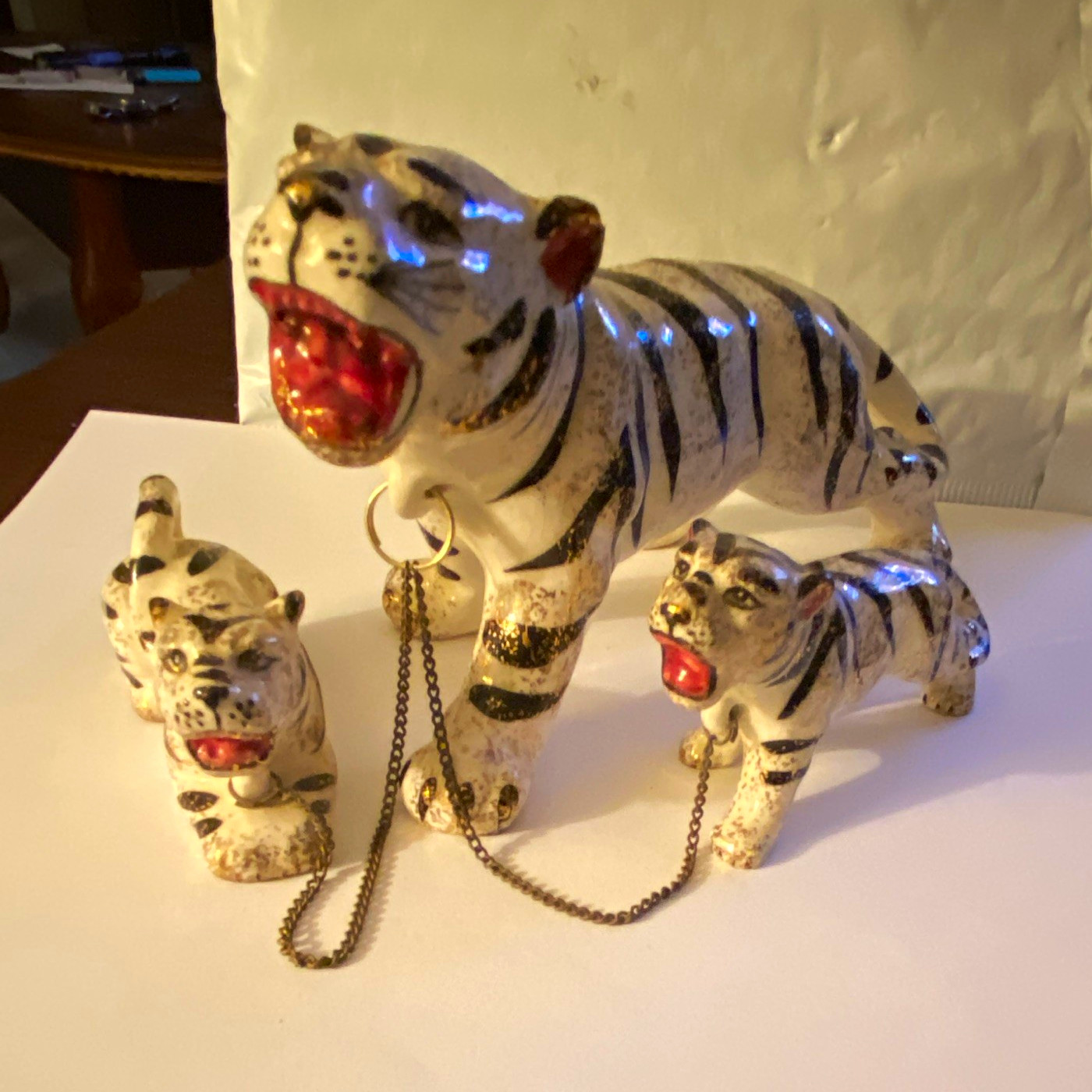 Vintage MCM White Tiger Mother w/Cubs on chain. Japan. 1950-1960 Vintage MCM White Tiger Mother w/Cubs on chain. Japan. 1950-1960