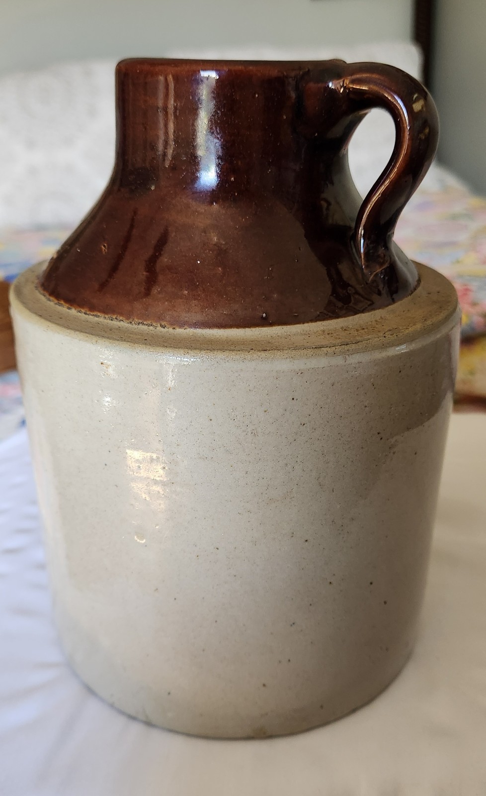 Antique Primitive Stoneware Two-Tone Glazed Jug Crock for Whiskey / Molasses