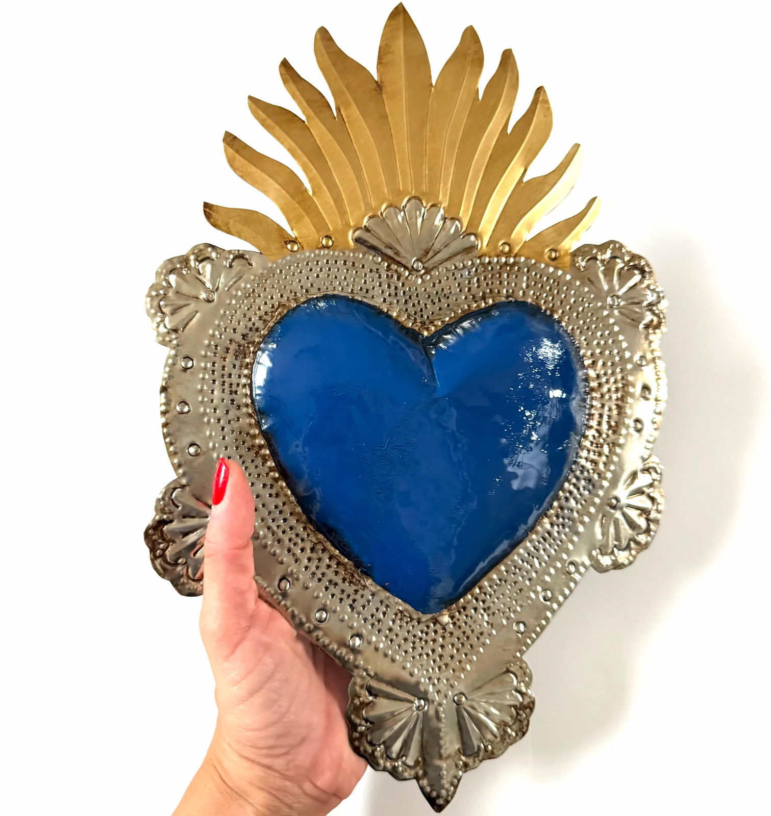 Mexican Tin Sacred Heart, Crown Hand Painted Milagro Wall Decor, Handmade Folk A Mexican Tin Sacred Heart, Crown Hand Painted Milagro Wall Decor, Handmade Folk A