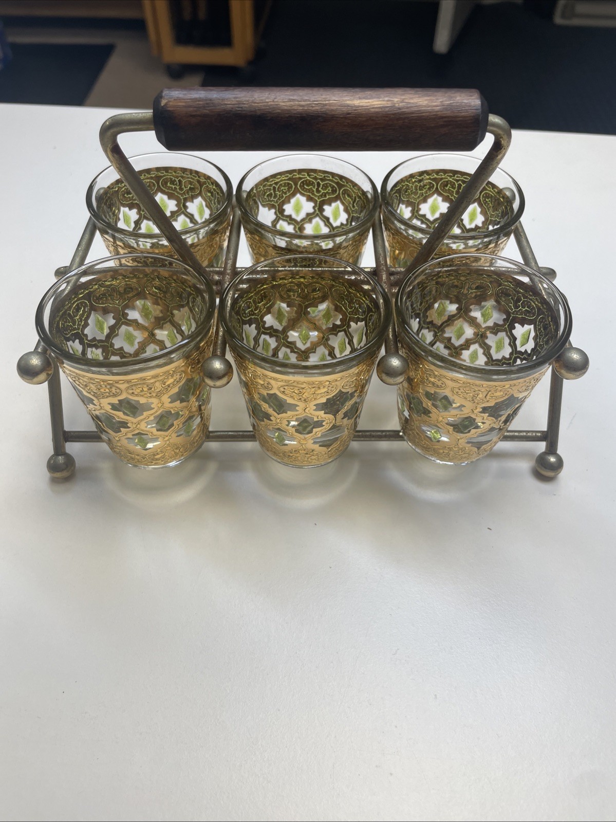 Culver Valencia Set of 6 Shot Glasses Caddy 22k Gold & Green Accents Vintage MCM Culver Valencia Set of 6 Shot Glasses Caddy 22k Gold & Green Accents Vintage MCM