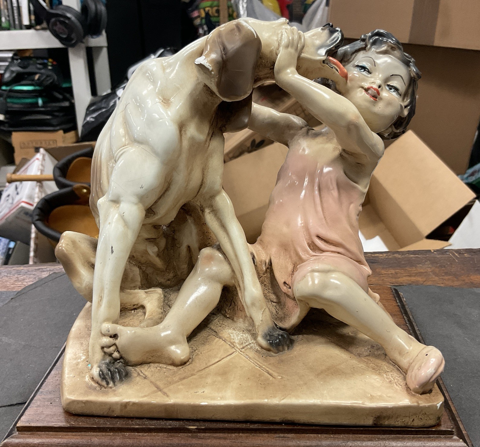 Vintage Limoges Copodimonte Dog Licking A Girl Statue Figurine *Chipped Ear* Vtg