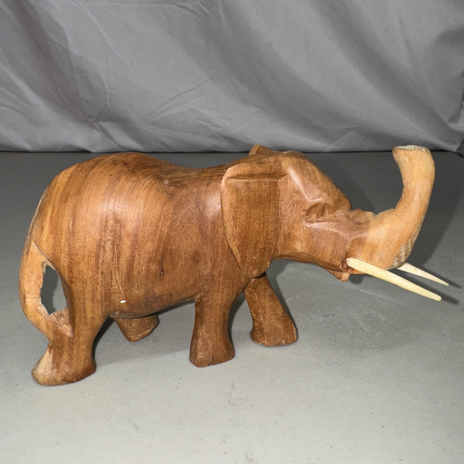 Wood Elephant Hand Carved Worn Primitive Rustic Statue Male Tusks Wooden Wood Elephant Hand Carved Worn Primitive Rustic Statue Male Tusks Wooden