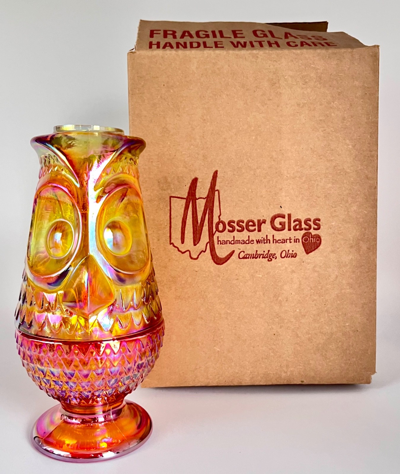 Mosser Marigold Carnival Glass Owl Fairy Lamp Glows under UV LIMITED EDITION