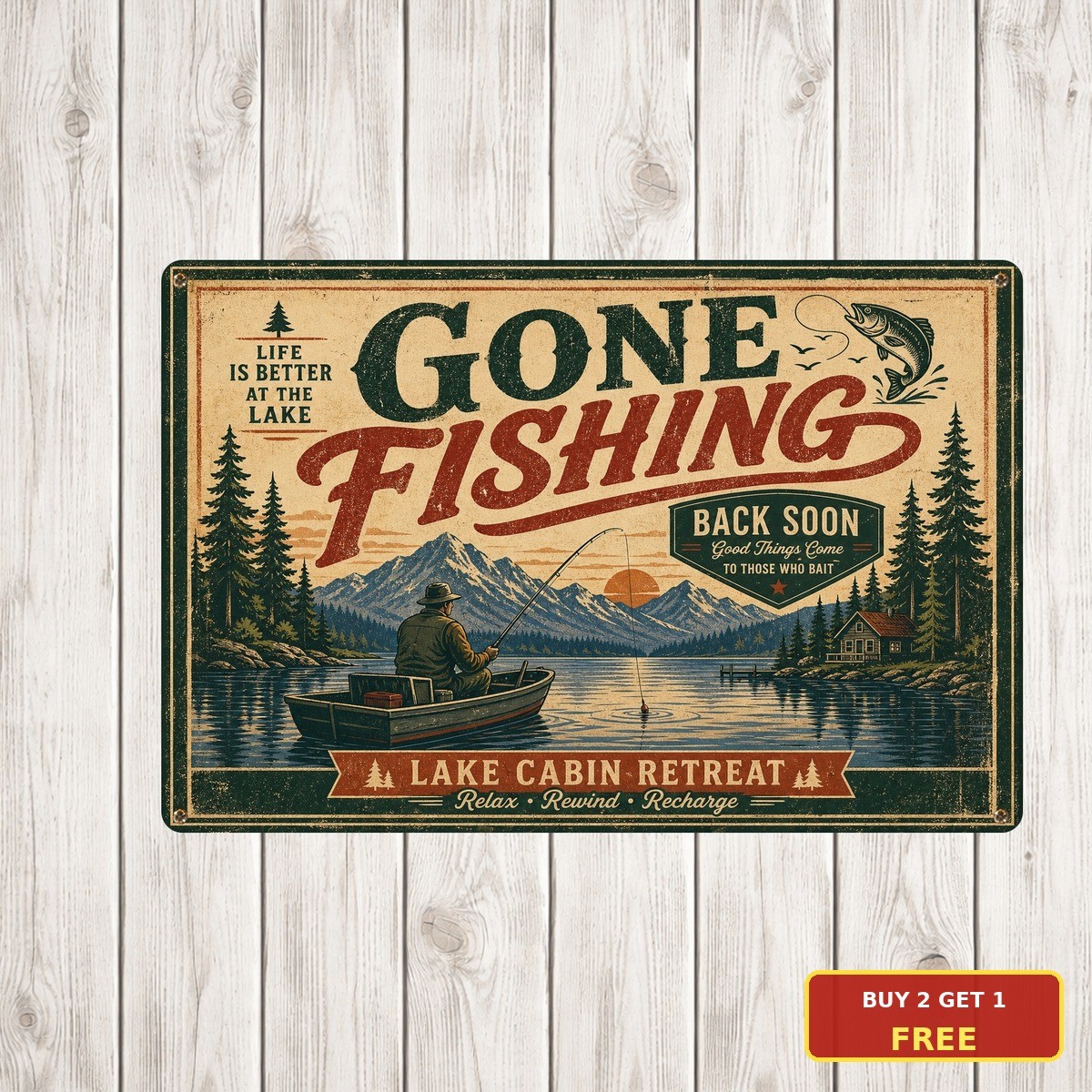 Retro Gone Fishing Tin Sign Antique Angler Man Cave Wall Plaque