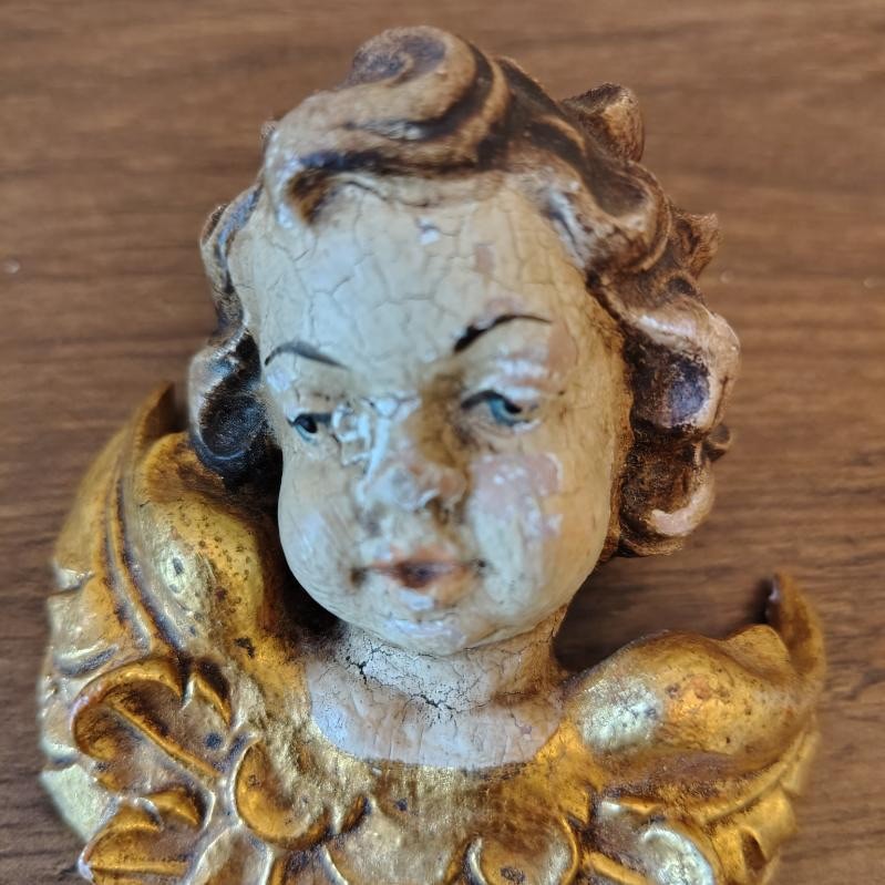 Vtg Hand Carved Cherub Angel Head Gilded Wings 1950s German Oberammergau