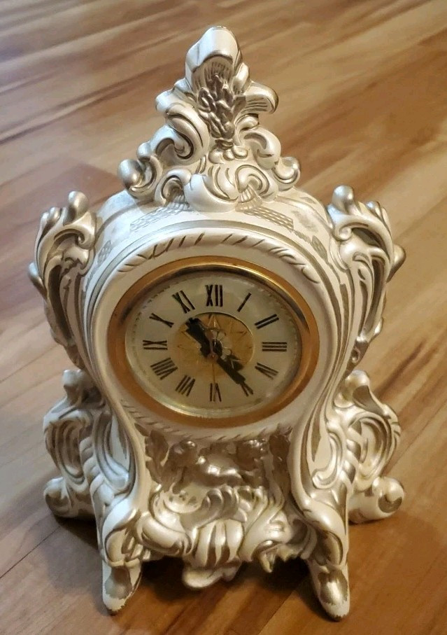 Vintage Lanshire Porcelain Footed Mantle Clock Cherubs Ornate 1950's WORKS